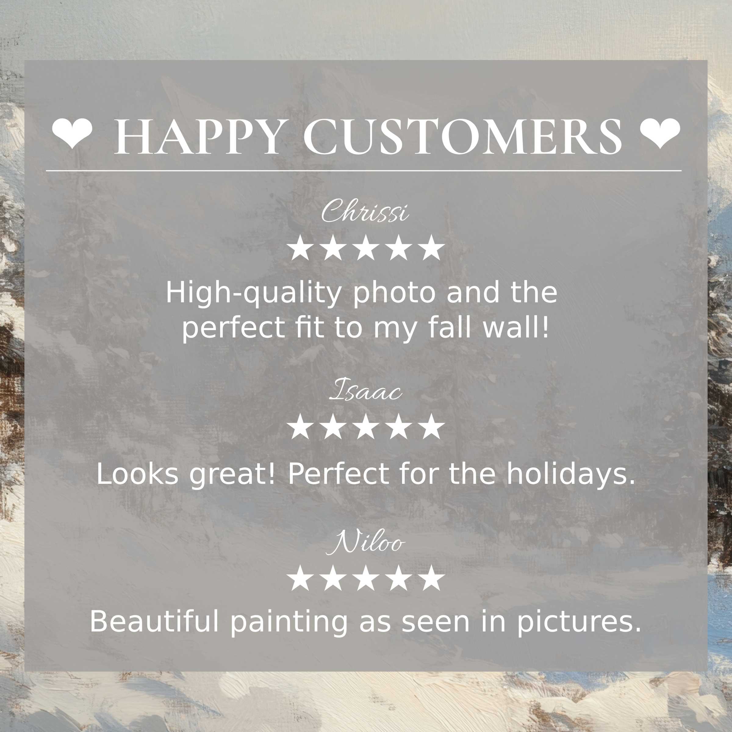 Elegant trees art for Frame TV with abstract muted hues, showcasing happy customer praise and a refined, trustworthy layout