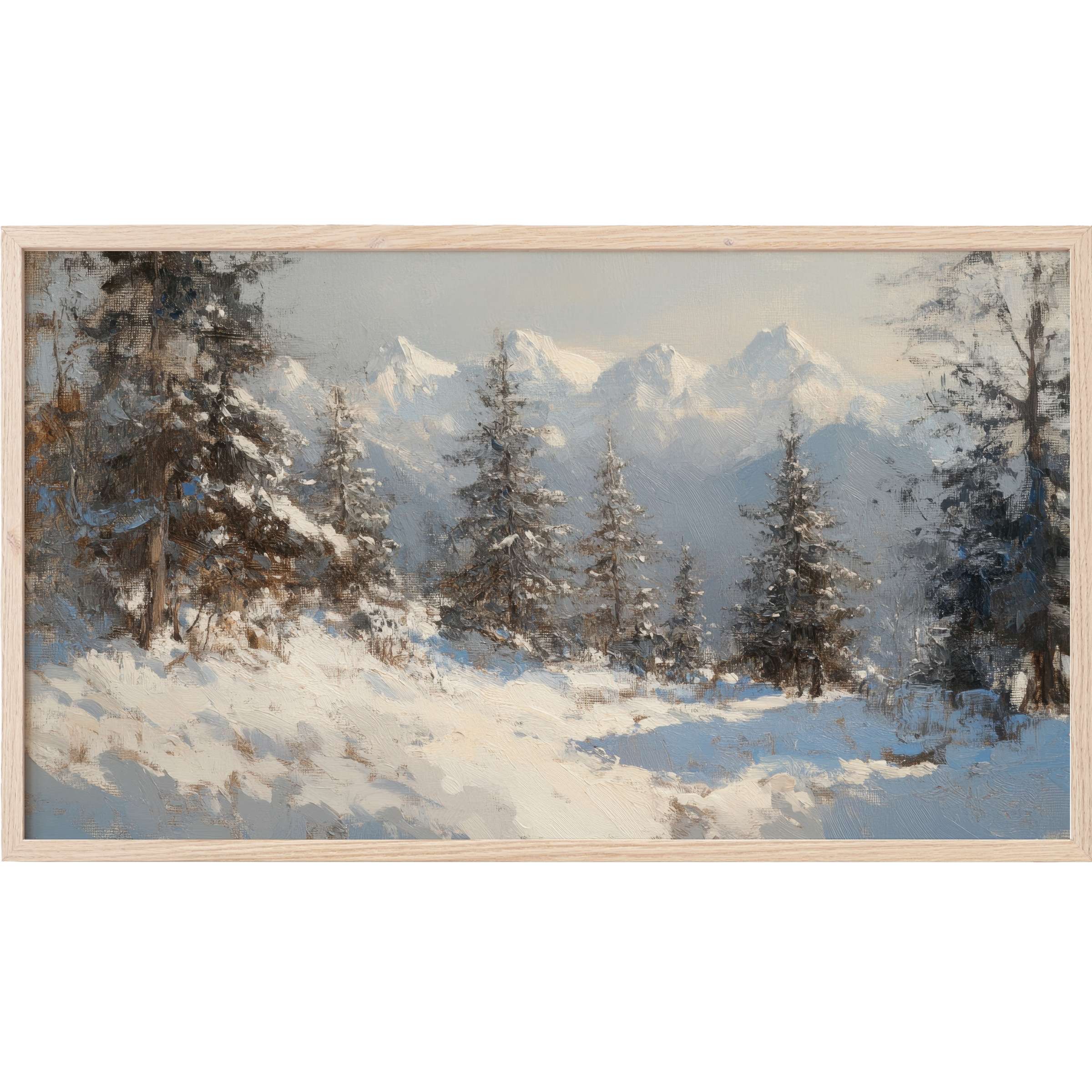 Winter landscape with snow-covered pine trees and mountains in muted blues and grays, tree Frame TV Art