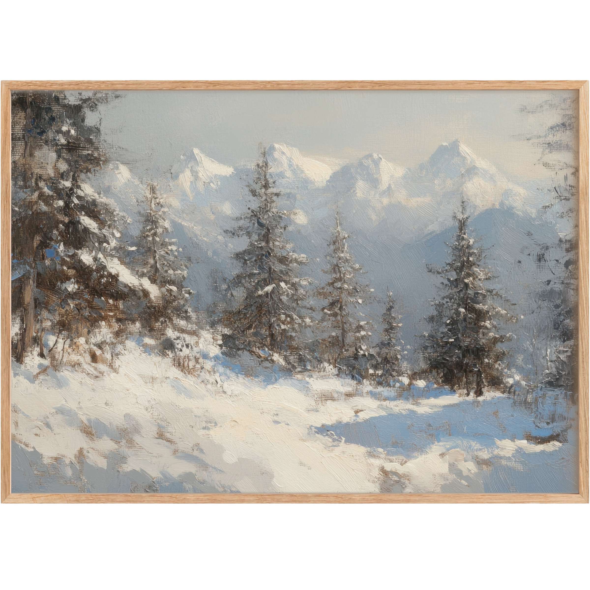 Elegant tree printable wall art capturing serene snow-covered pines against misty blue mountains, evoking a calming winter retreat