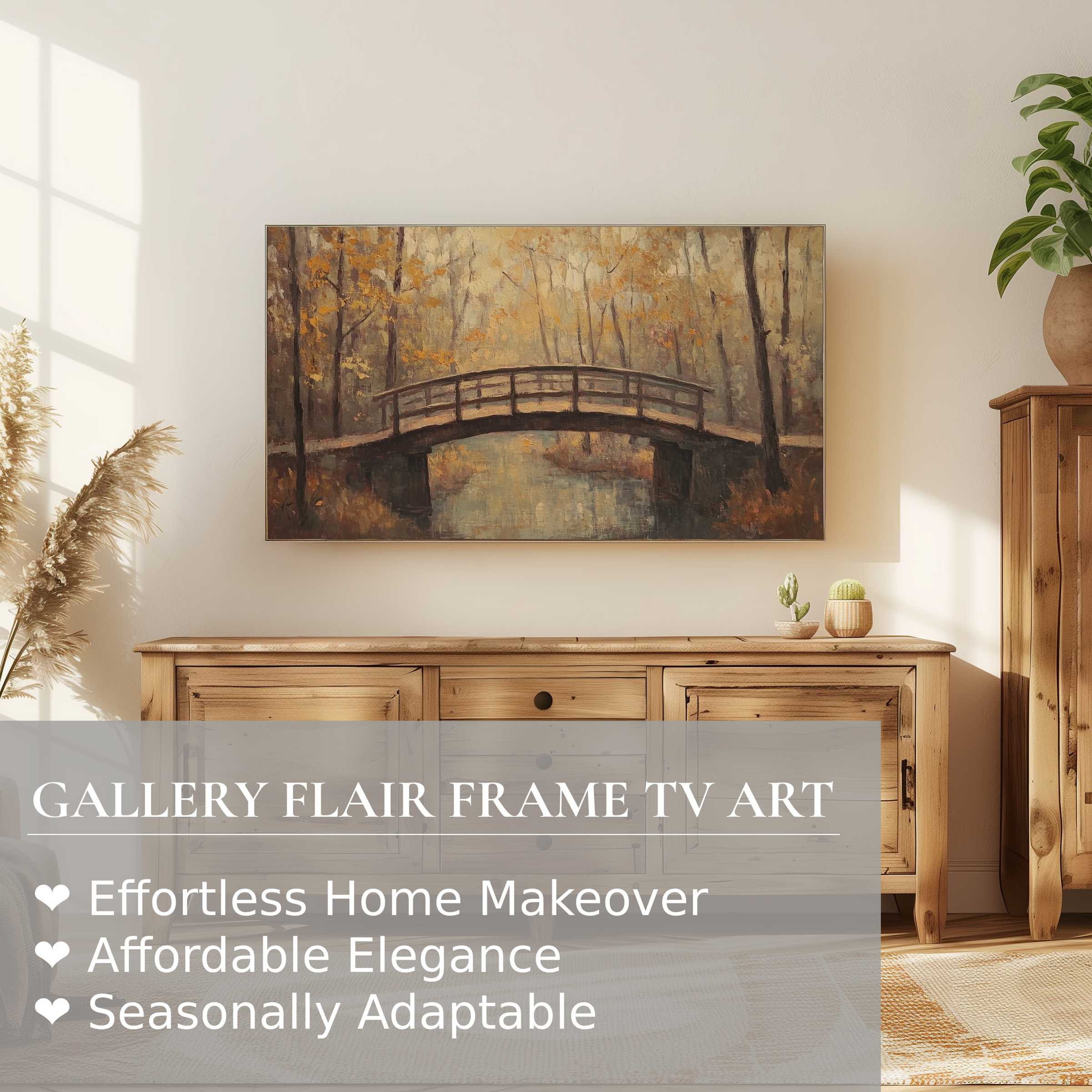 Samsung Frame TV displaying fall digital artwork of an elegant bridge in muted autumn tones in a modern cozy room.