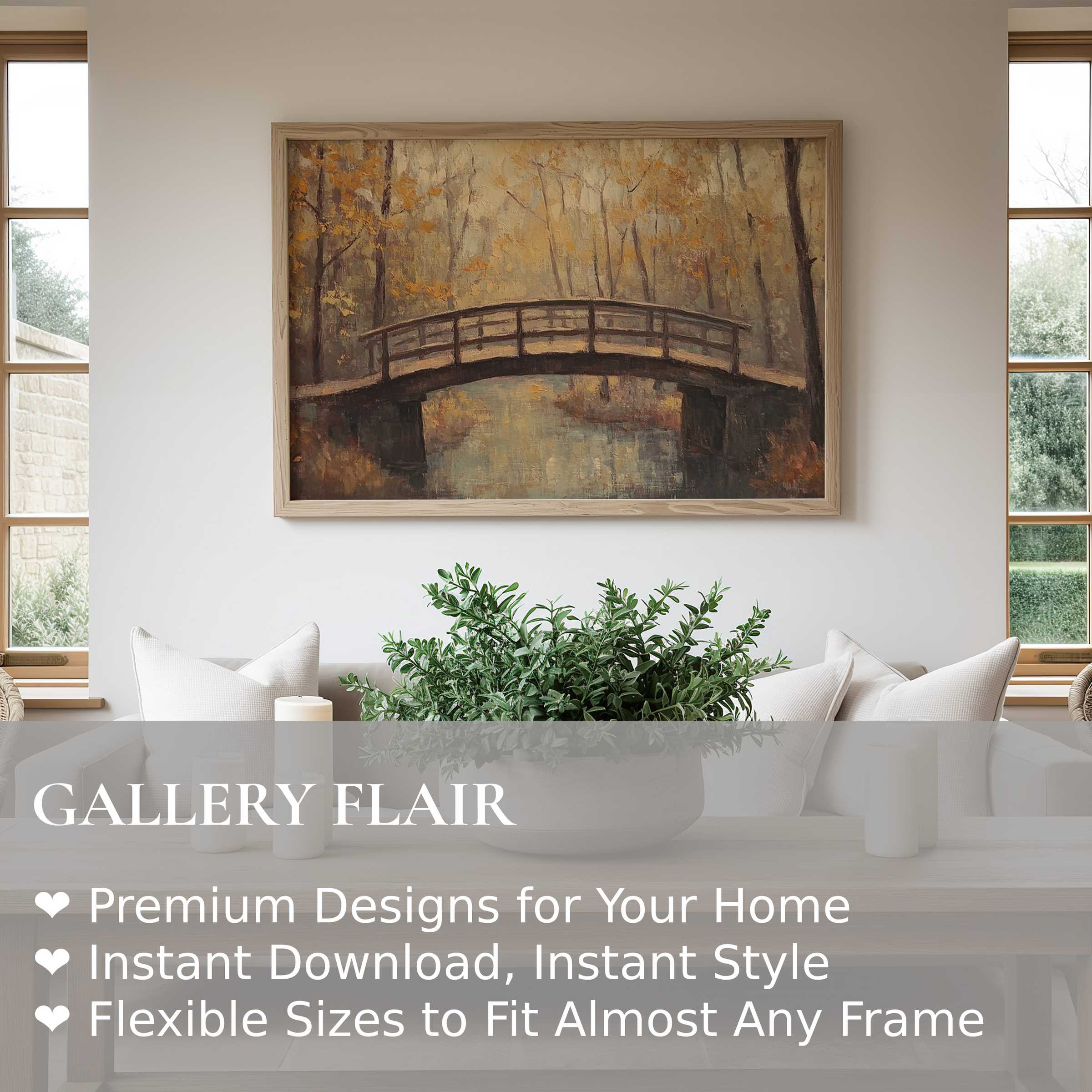 Serene fall wall art print depicting a rustic bridge over a calm stream, enriching modern farmhouse interiors with warm, earthy elegance