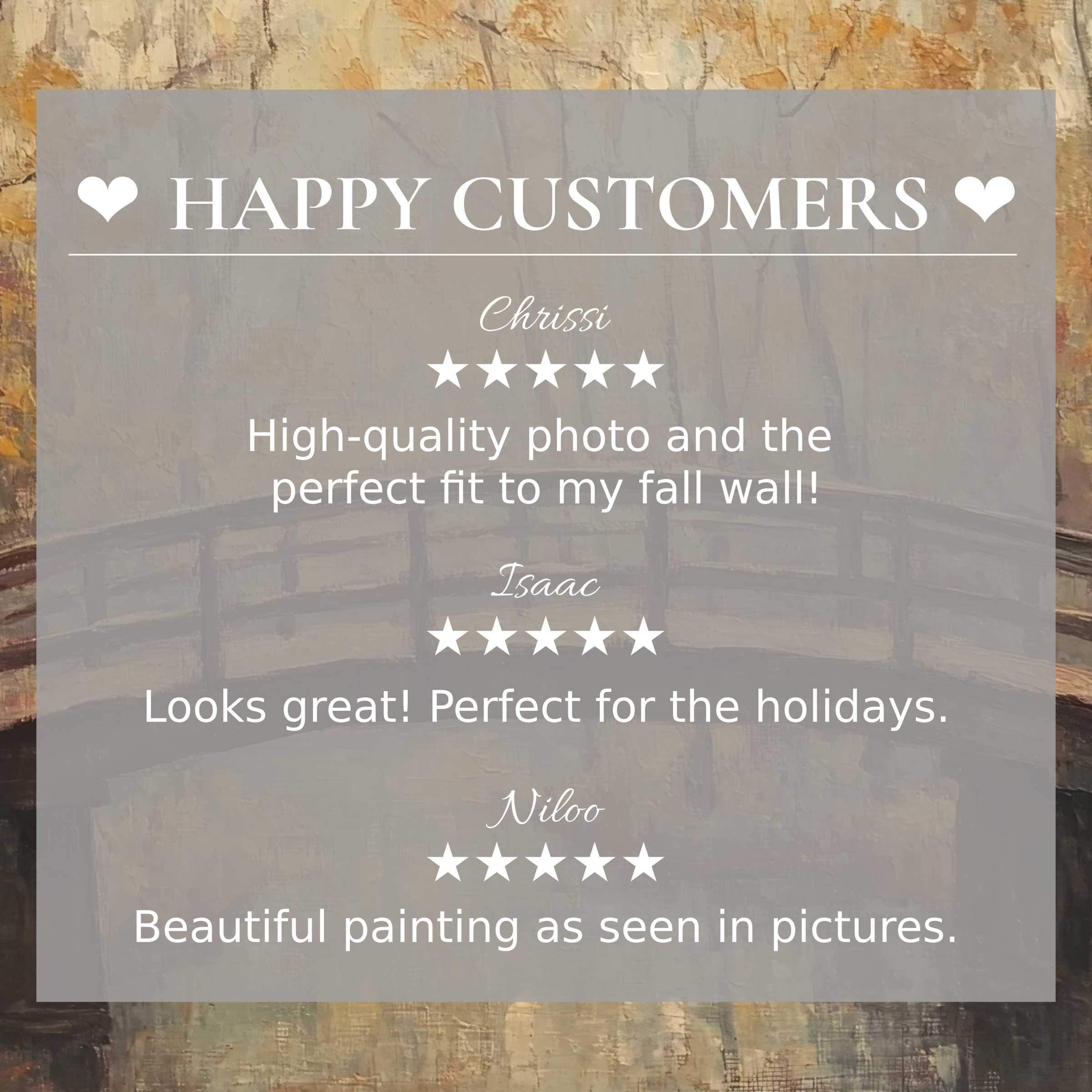 Fall art for Frame TV with abstract sunset hues, showcasing happy customer reviews in a stylish, trust-building layout.