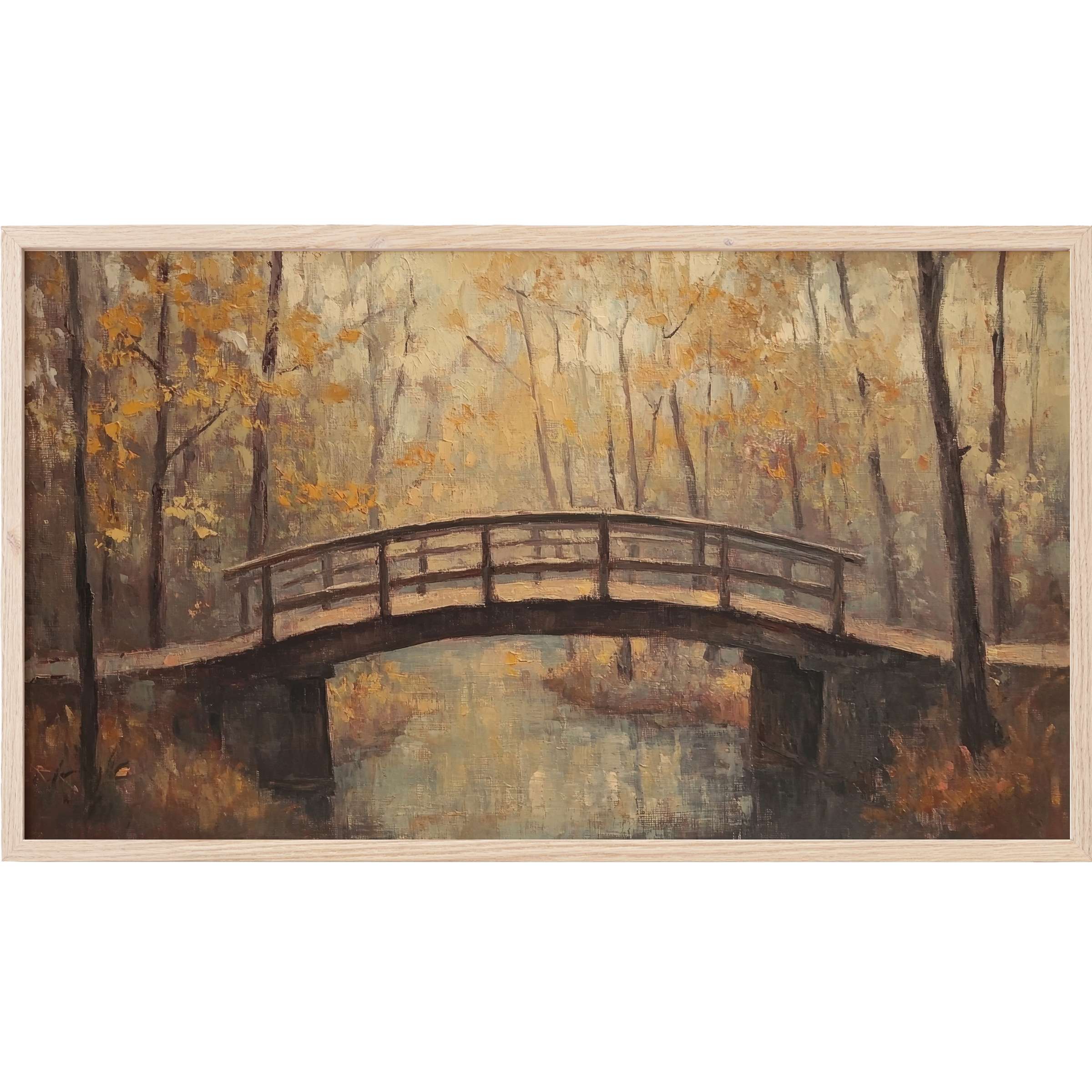 Fall Frame TV Art: serene autumn bridge scene in warm golds, soft browns, and muted greens with textured impressionist style.