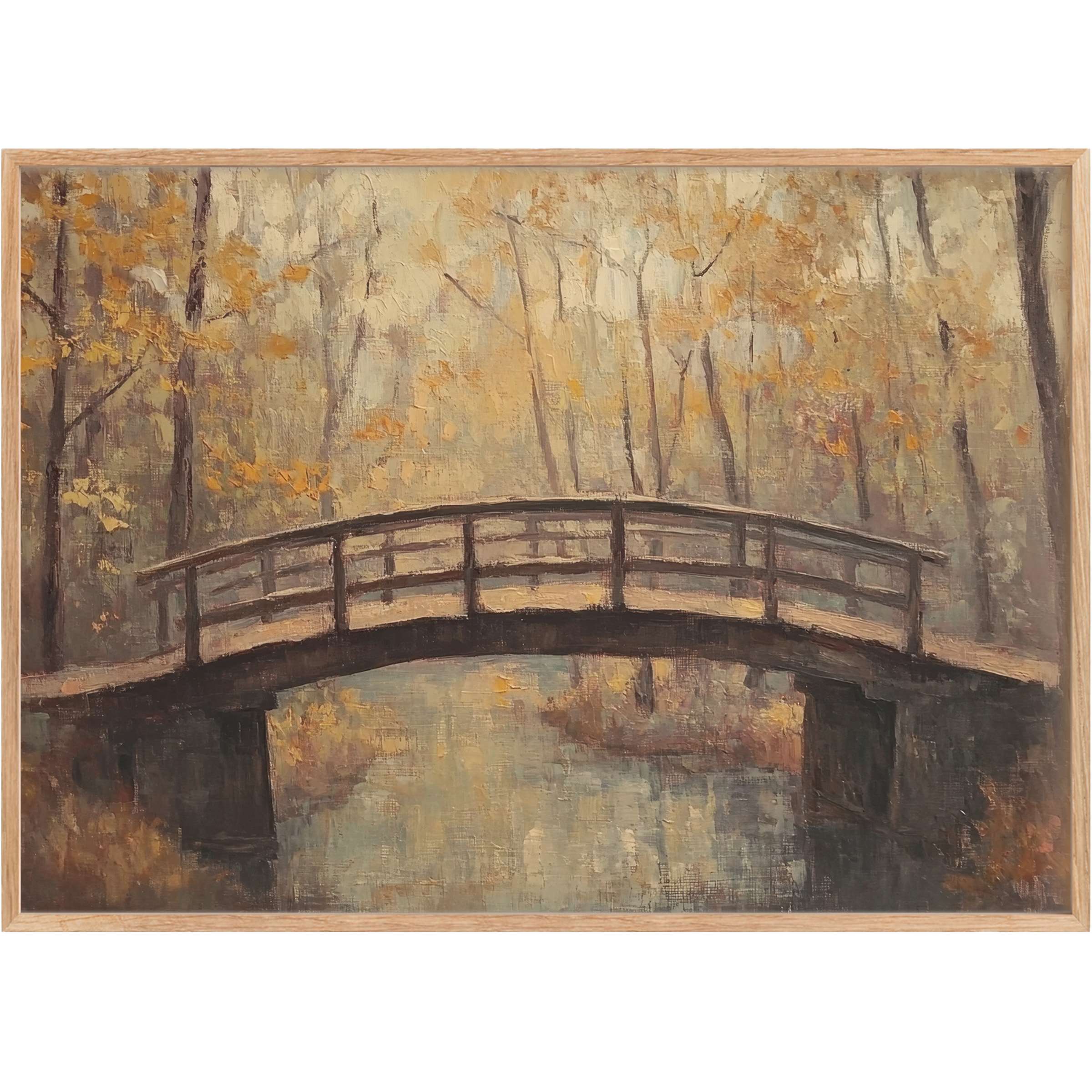 Serene fall printable wall art featuring a graceful bridge amid golden amber and muted taupe trees, evoking calm warmth and timeless elegance