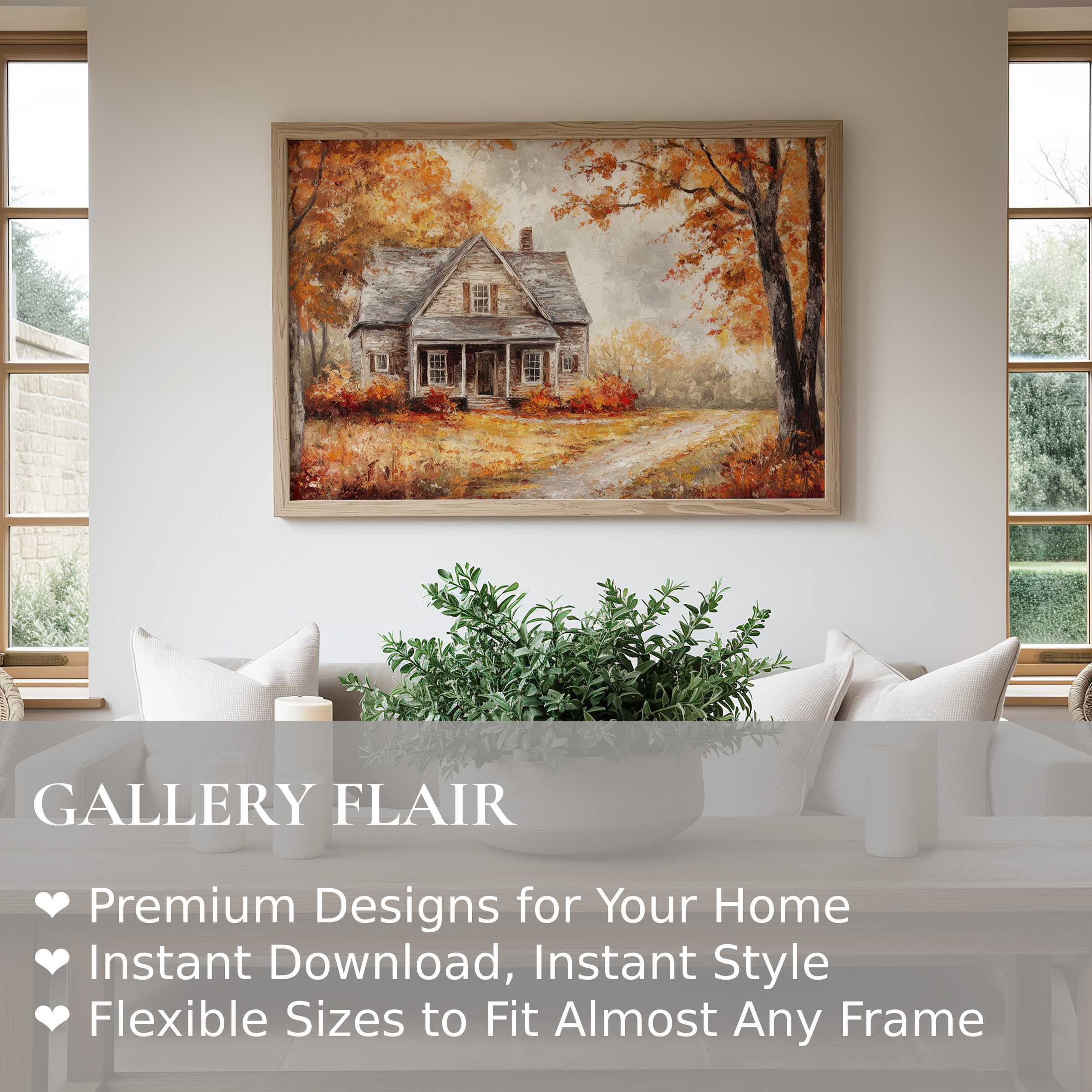 Farmhouse wall art print showcasing a radiant autumn scene with a rustic cottage, elevating modern farmhouse interiors with warm, inviting charm