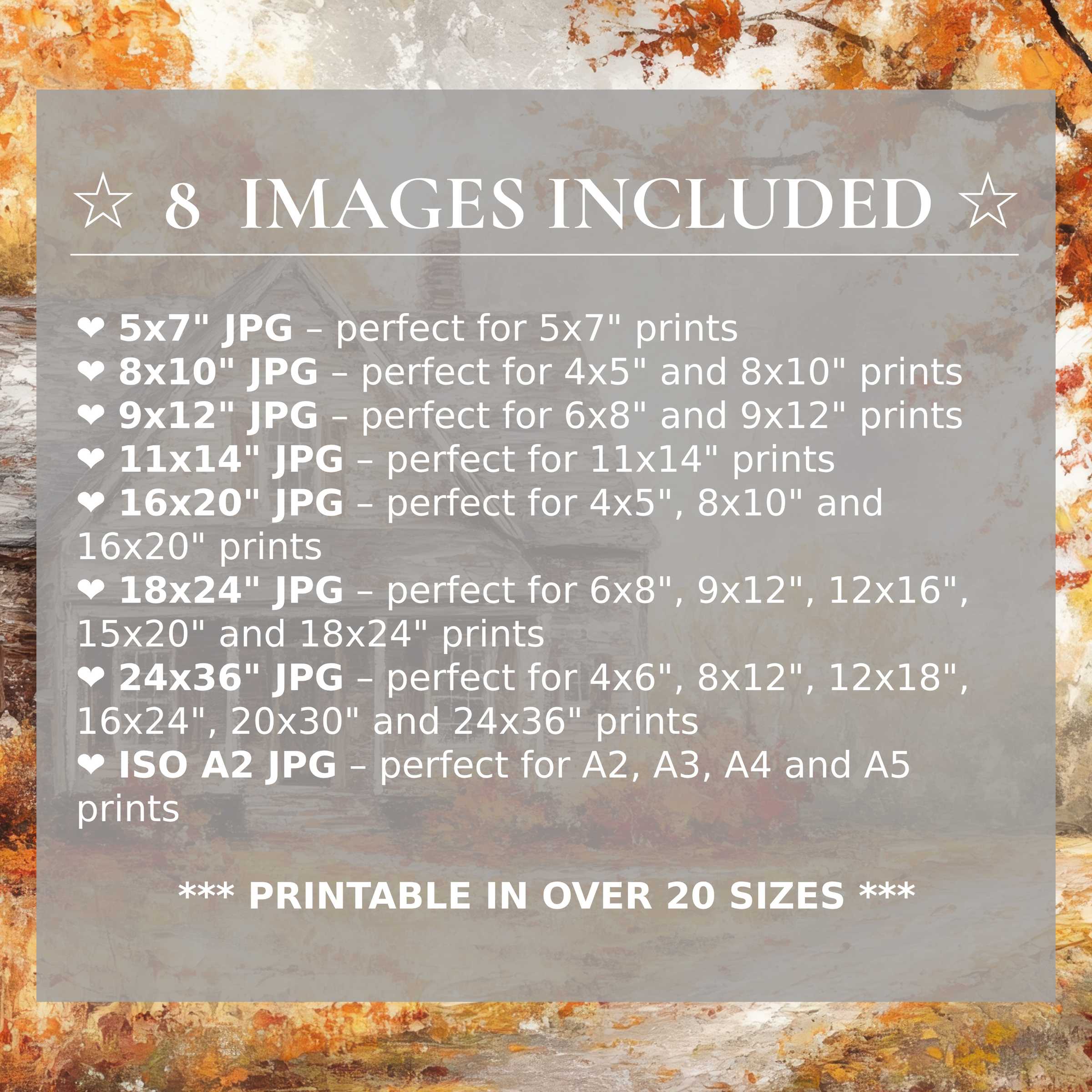 Farmhouse digital print radiates warm amber and soft gray tones, offered in 8 high-quality sizes included to elevate modern interiors