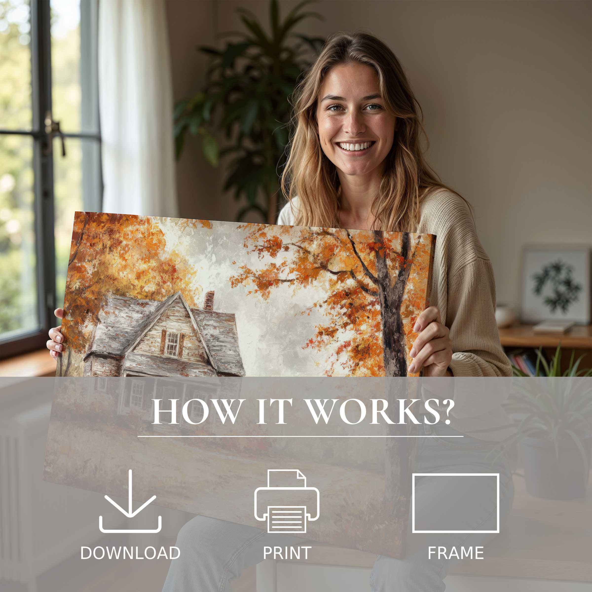 Woman joyfully embracing a farmhouse digital art print with warm autumn hues, enriching modern home serenity and style