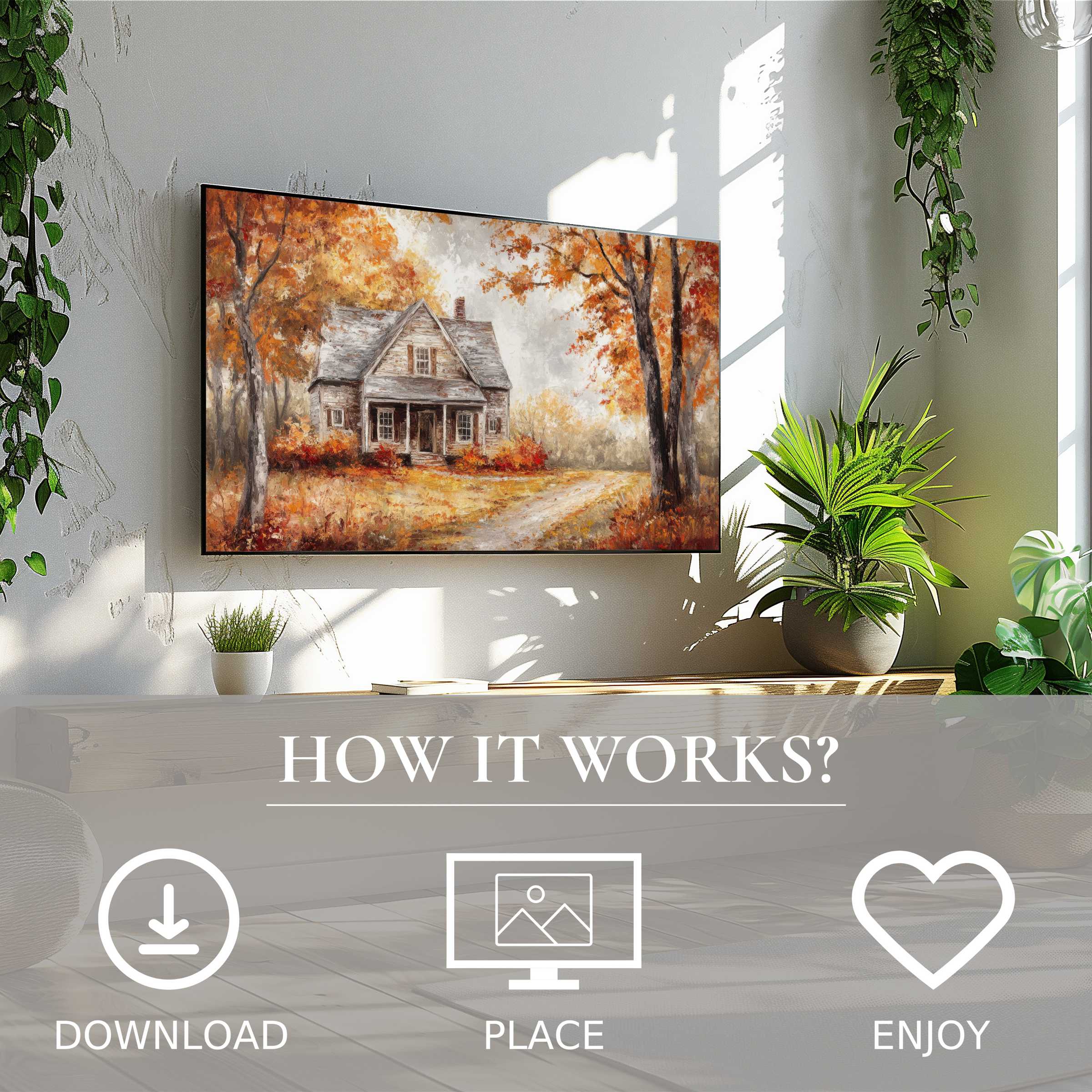 Farmhouse art for Samsung TV showing soft autumn tones on The Frame, easy digital download enriches any living space
