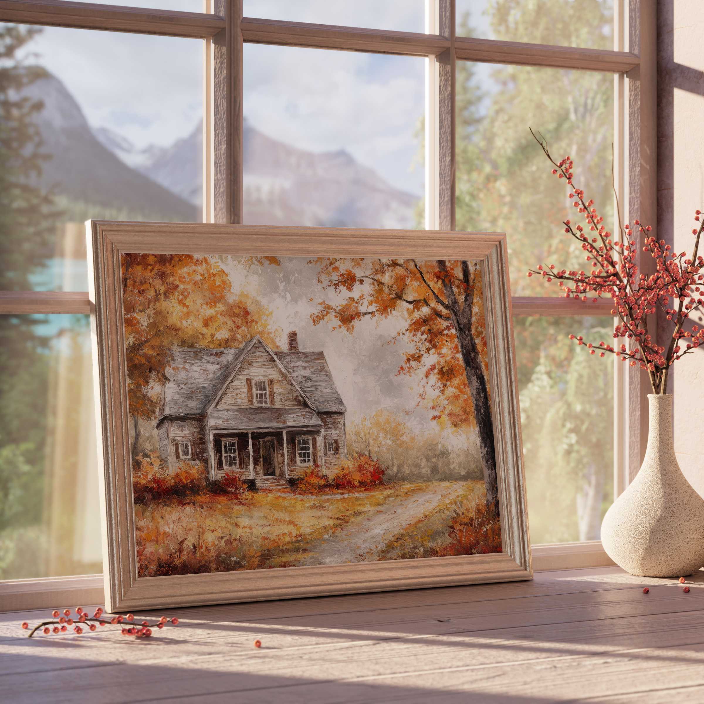 Farmhouse downloadable art capturing warm autumn hues, enriching serene, curated interiors with timeless rustic charm and elegance