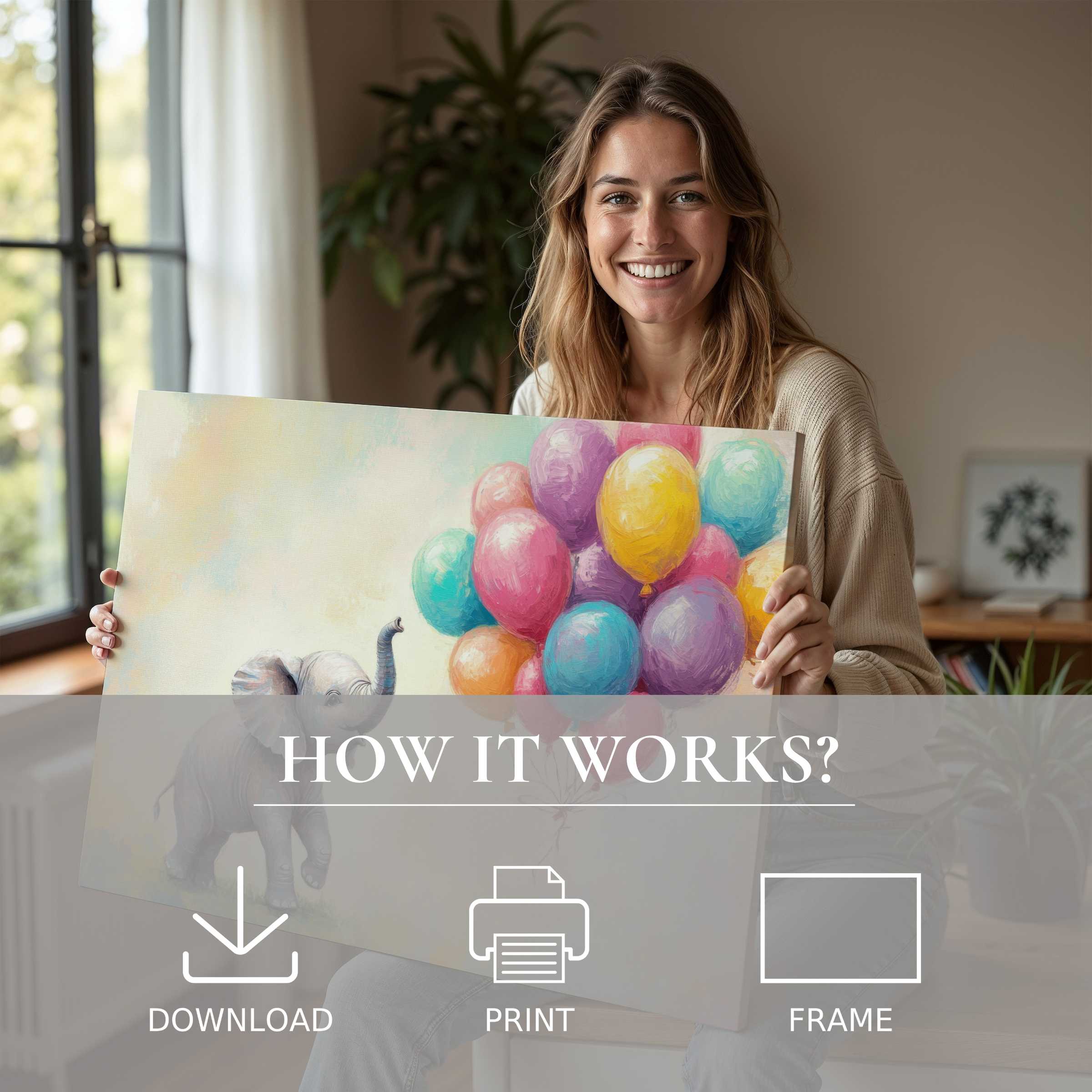 Radiant nursery digital art print captures whimsical joy as colorful balloons lift an elephant in a serene, stylish home setting