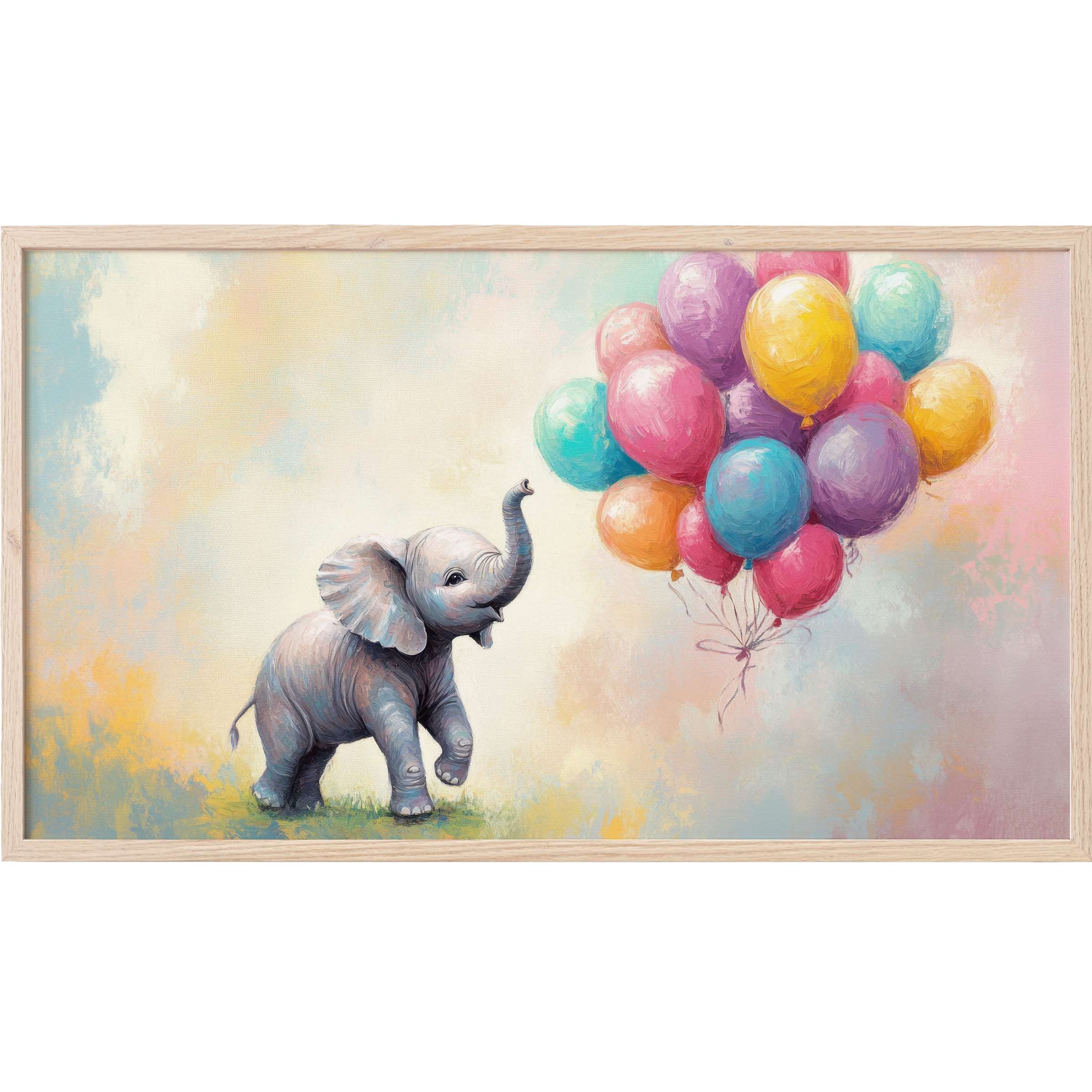 Charming baby elephant with colorful balloons in soft pastel hues, a whimsical nursery Frame TV Art piece