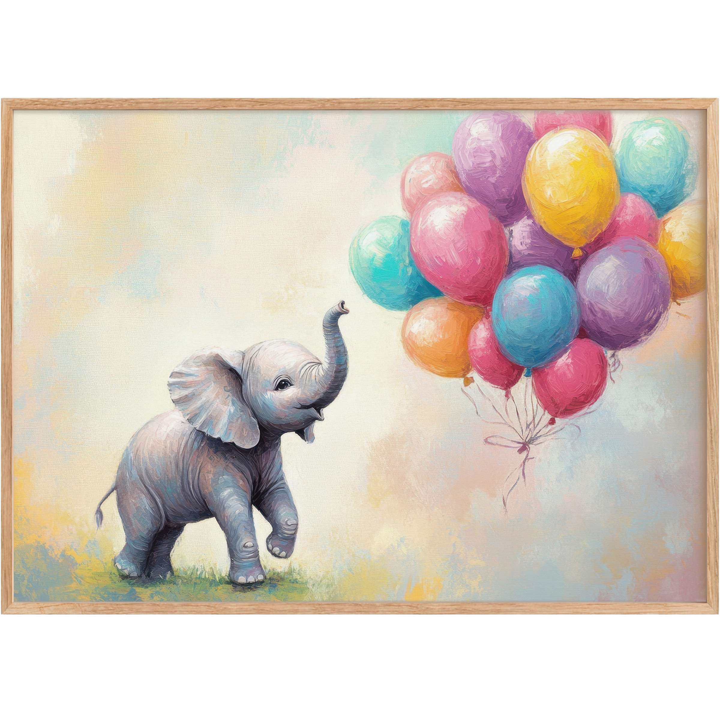 Playful baby elephant joyfully reaches for vibrant balloons in pastel hues, inspiring warmth and wonder in nursery printable wall art