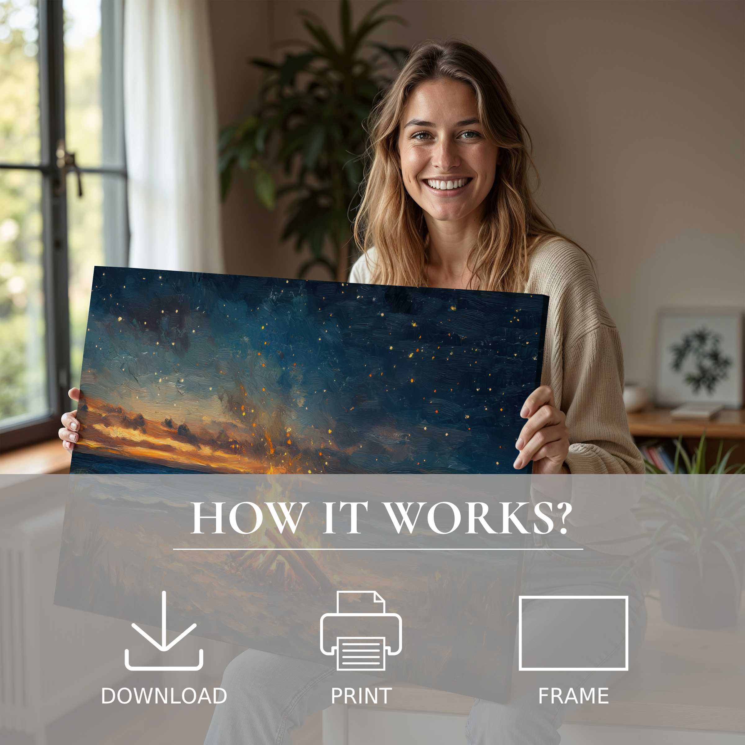 A serene moment of joy in a stylish home, embracing beach digital art print’s warm twilight hues and effortless elegance