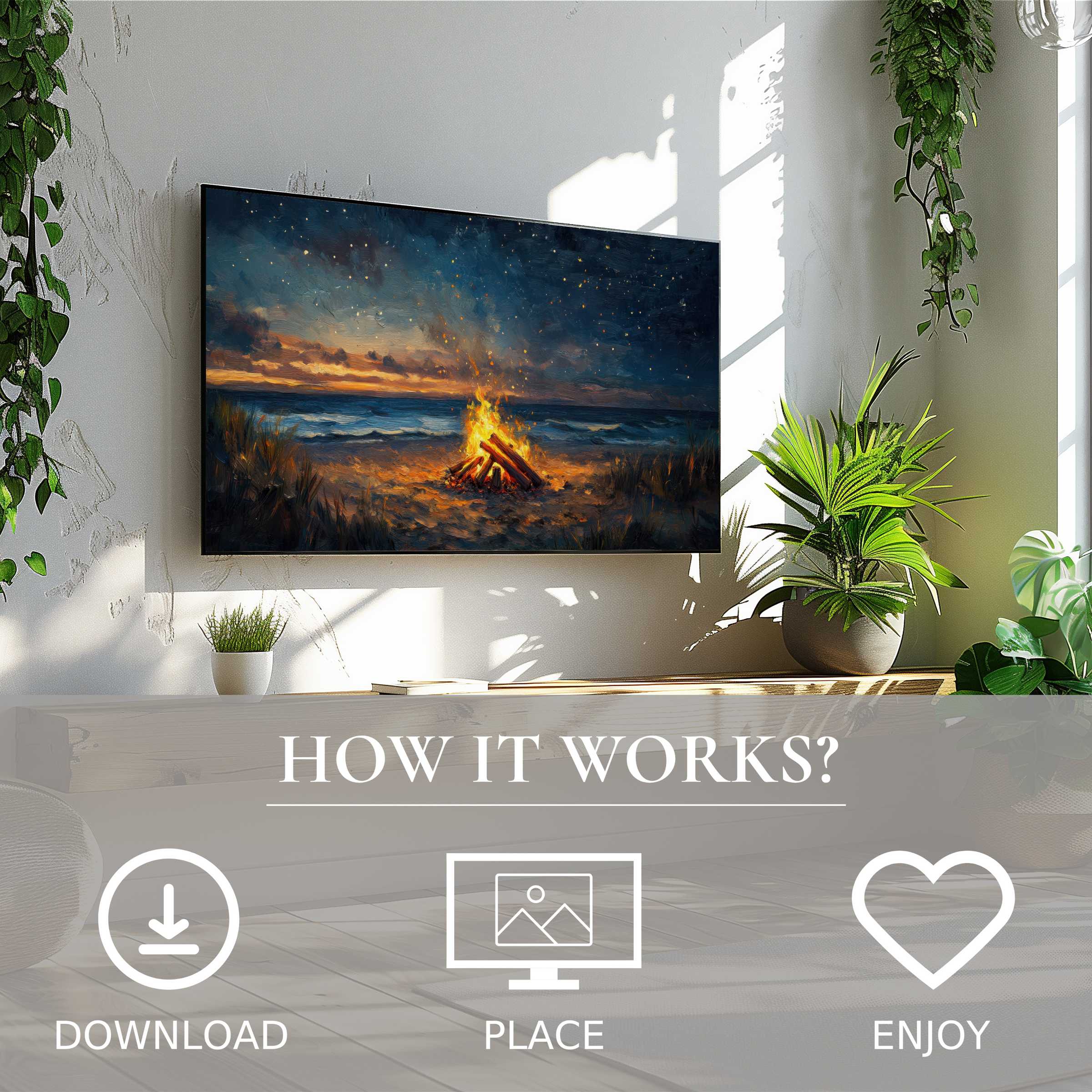 Modern living room with beach art for Samsung TV, fiery bonfire motif, easy digital download, enhances space