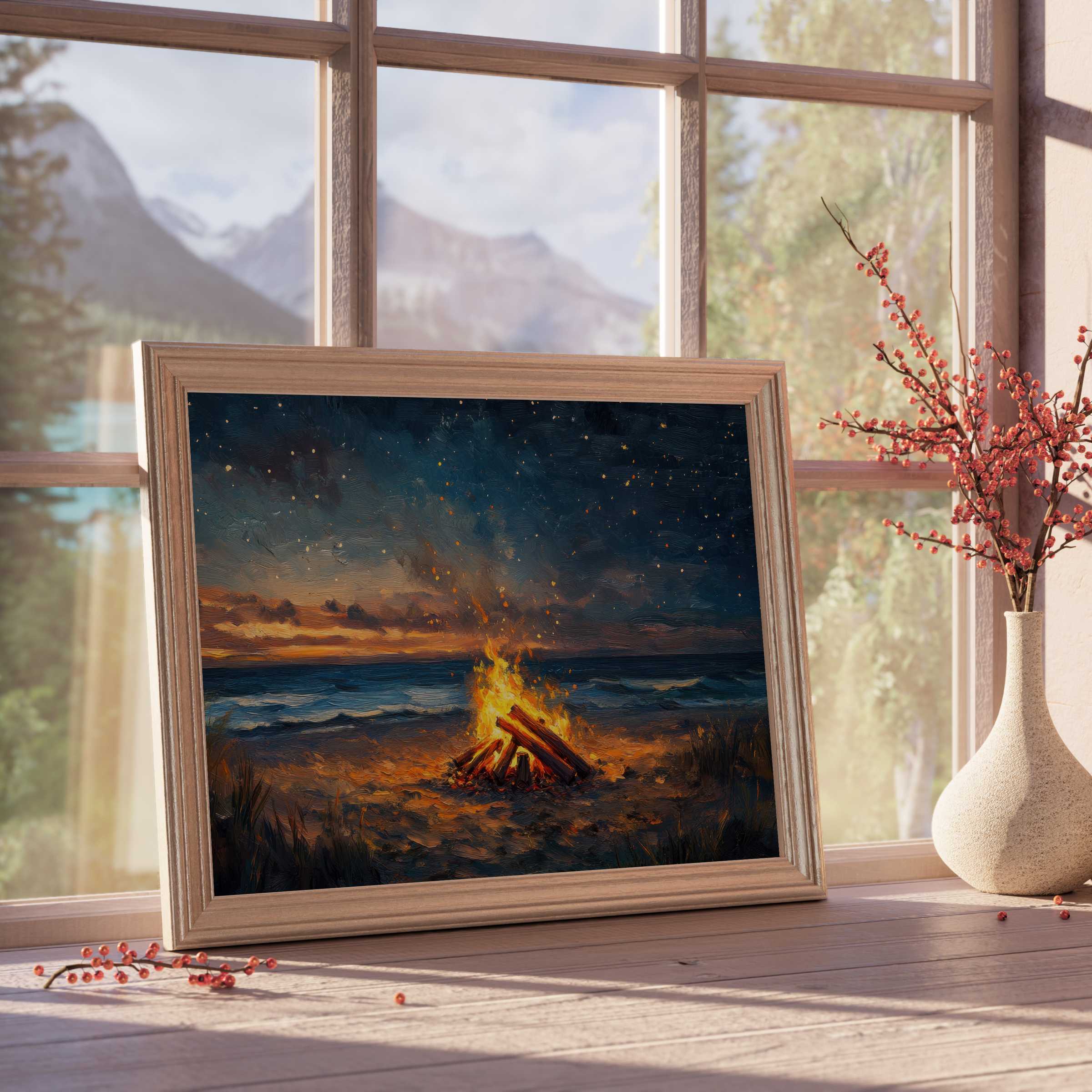 Captivating beach downloadable art of a glowing bonfire under a starlit sky, perfect for tranquil, curated interiors