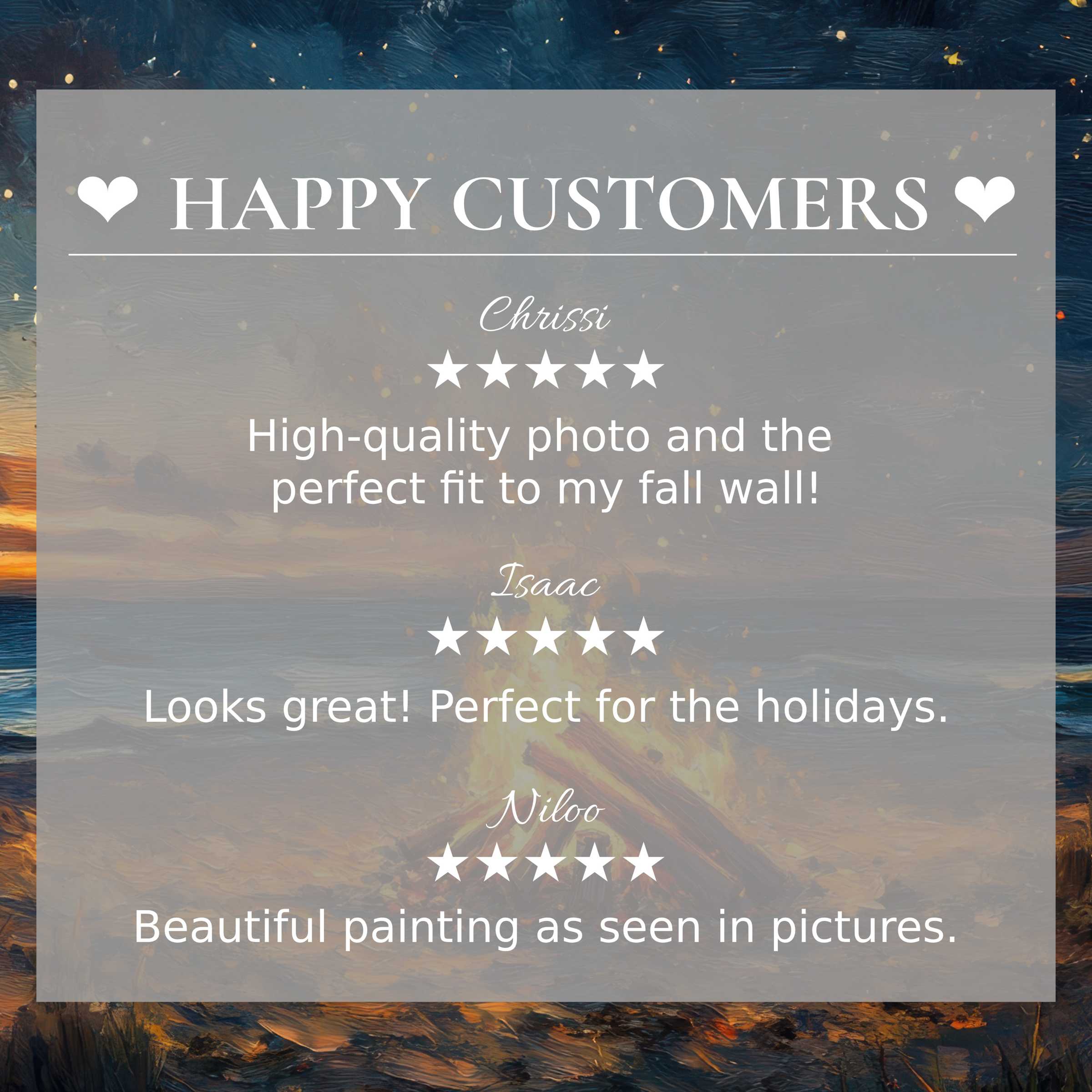 Beach art for Frame TV with abstract sunset hues and five-star reviews, showcasing a happy customer and elegant trust-building design