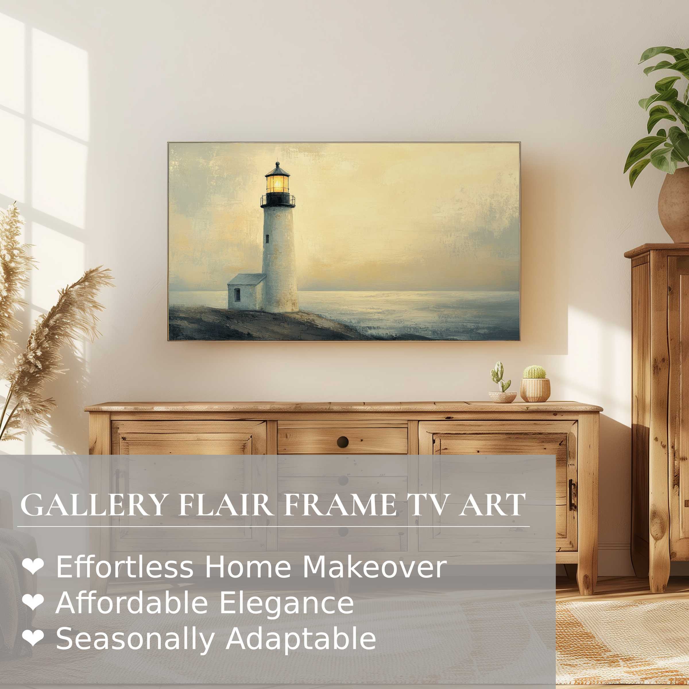 Samsung Frame TV displaying serene coastal digital artwork of a lighthouse in a modern, elegant living room