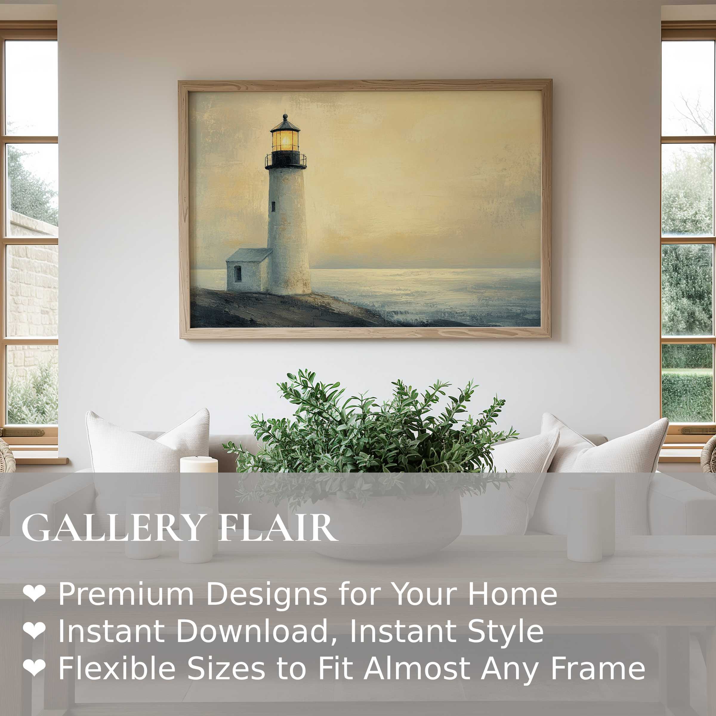 Coastal wall art print featuring a serene lighthouse basking in soft golden light, enhancing modern minimalist living spaces with calming, coastal elegance