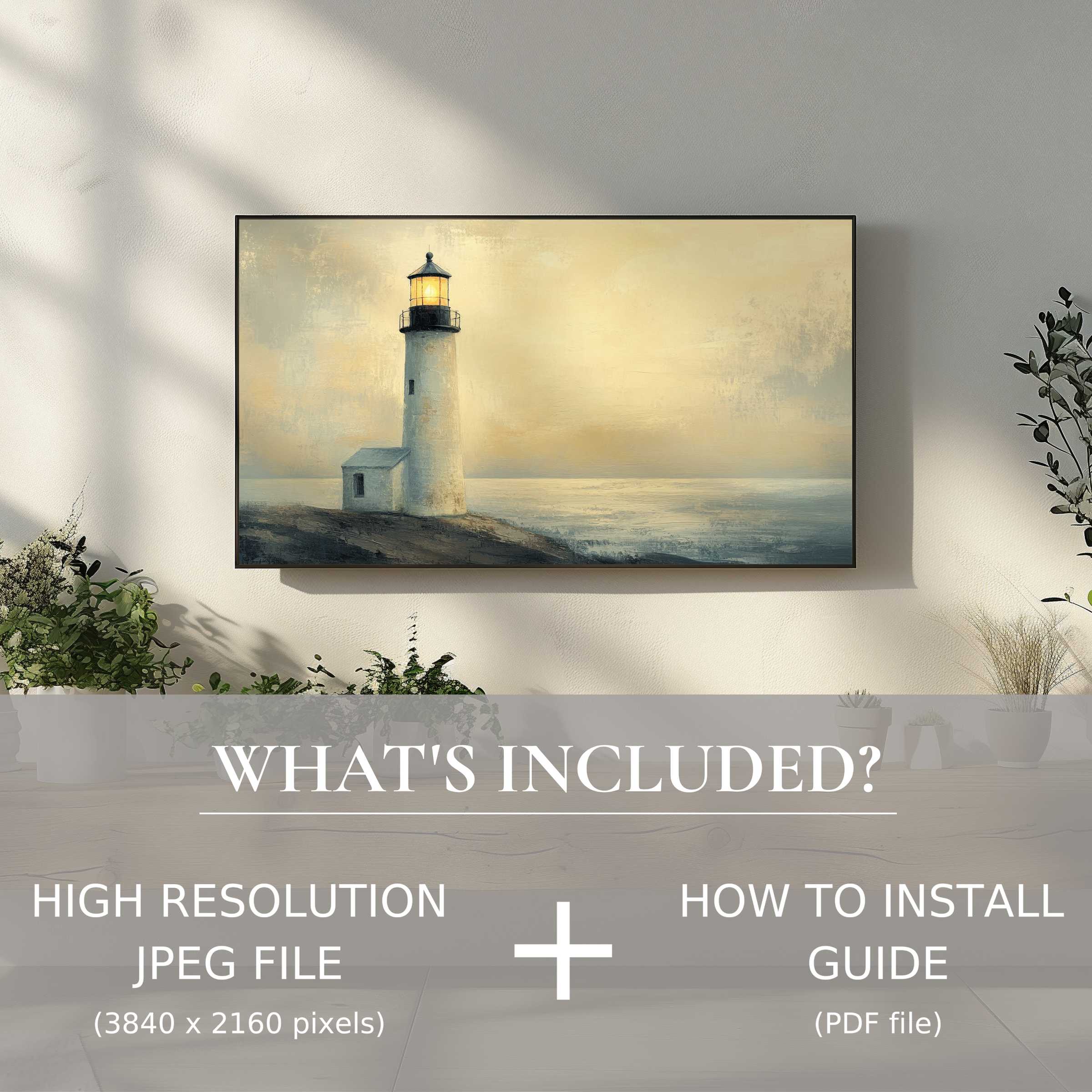 Elegant coastal digital TV art download with easy use, enhancing your living space with serene lighthouse imagery
