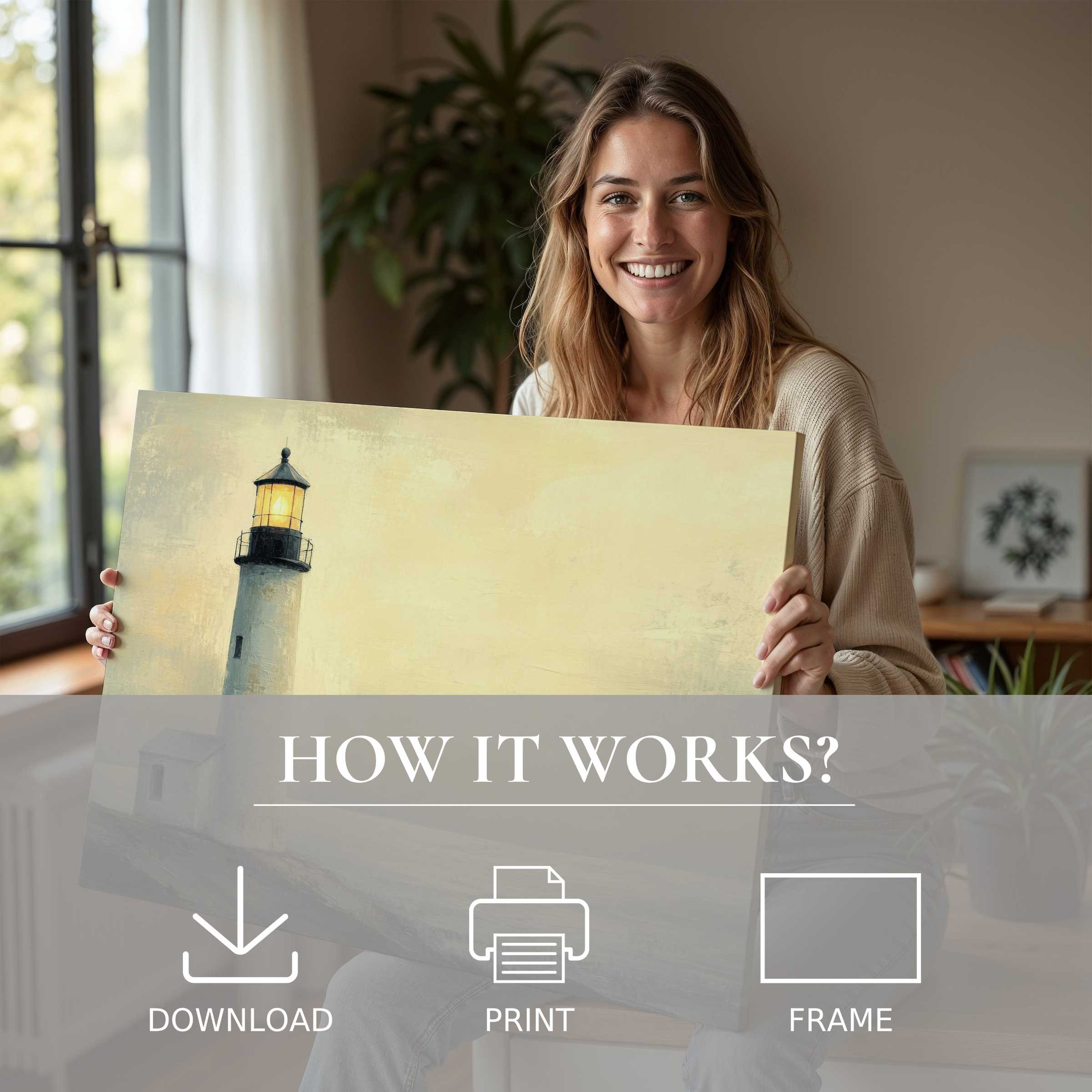 Coastal digital art print bringing warm light and serene elegance to a modern home, inspiring joy and effortless beauty