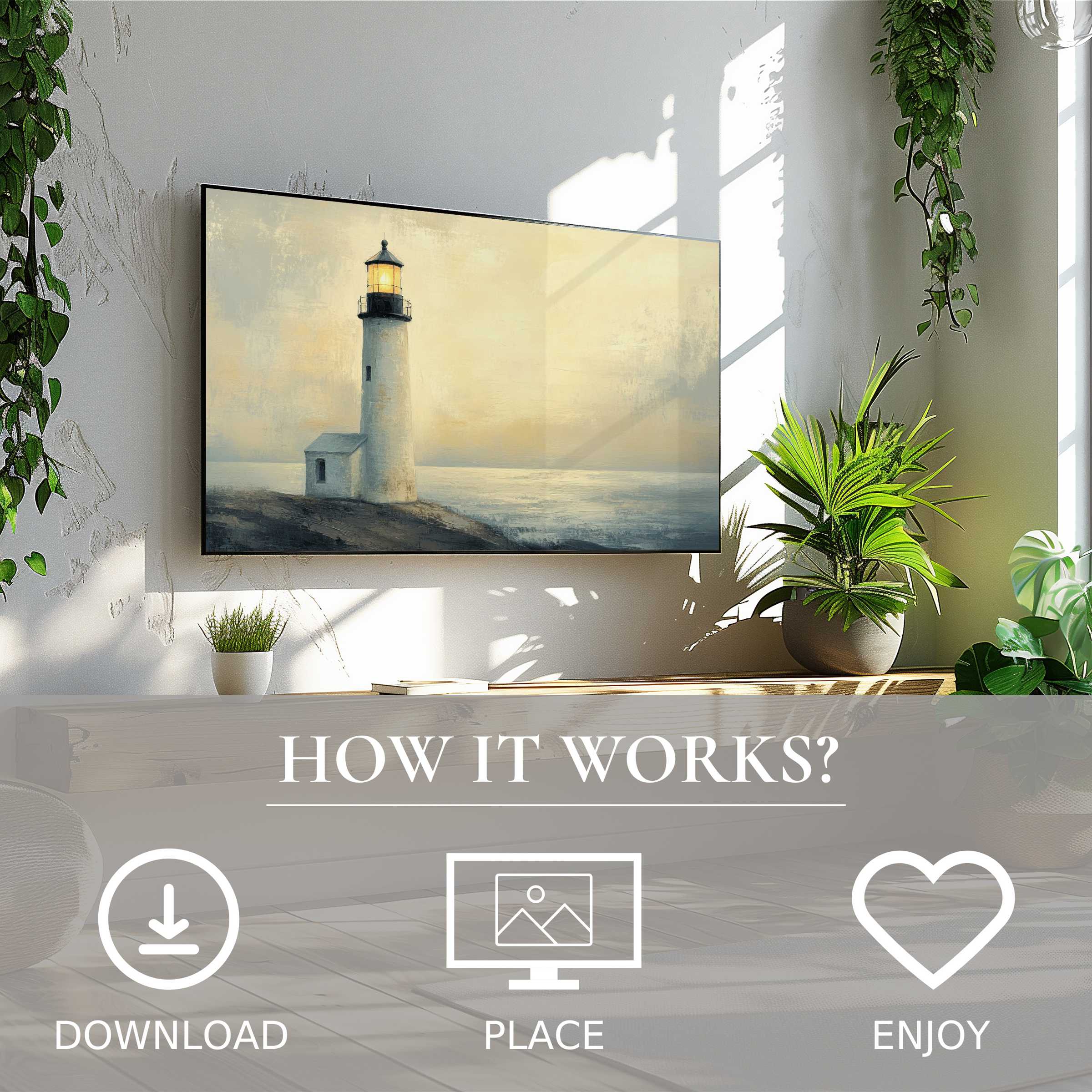 Coastal art for Samsung TV with soft lighthouse tones, easy digital download enriches modern living spaces with calm