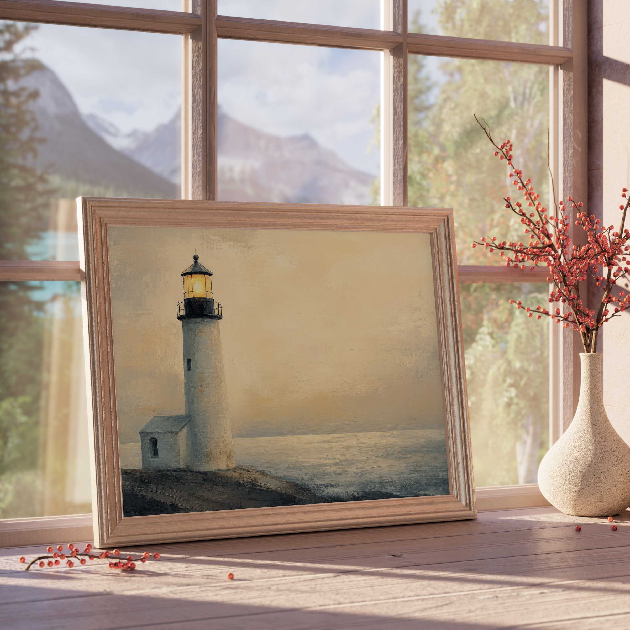 Coastal downloadable art of a serene lighthouse aglow at dusk, elevating tranquil, curated interiors with timeless maritime elegance