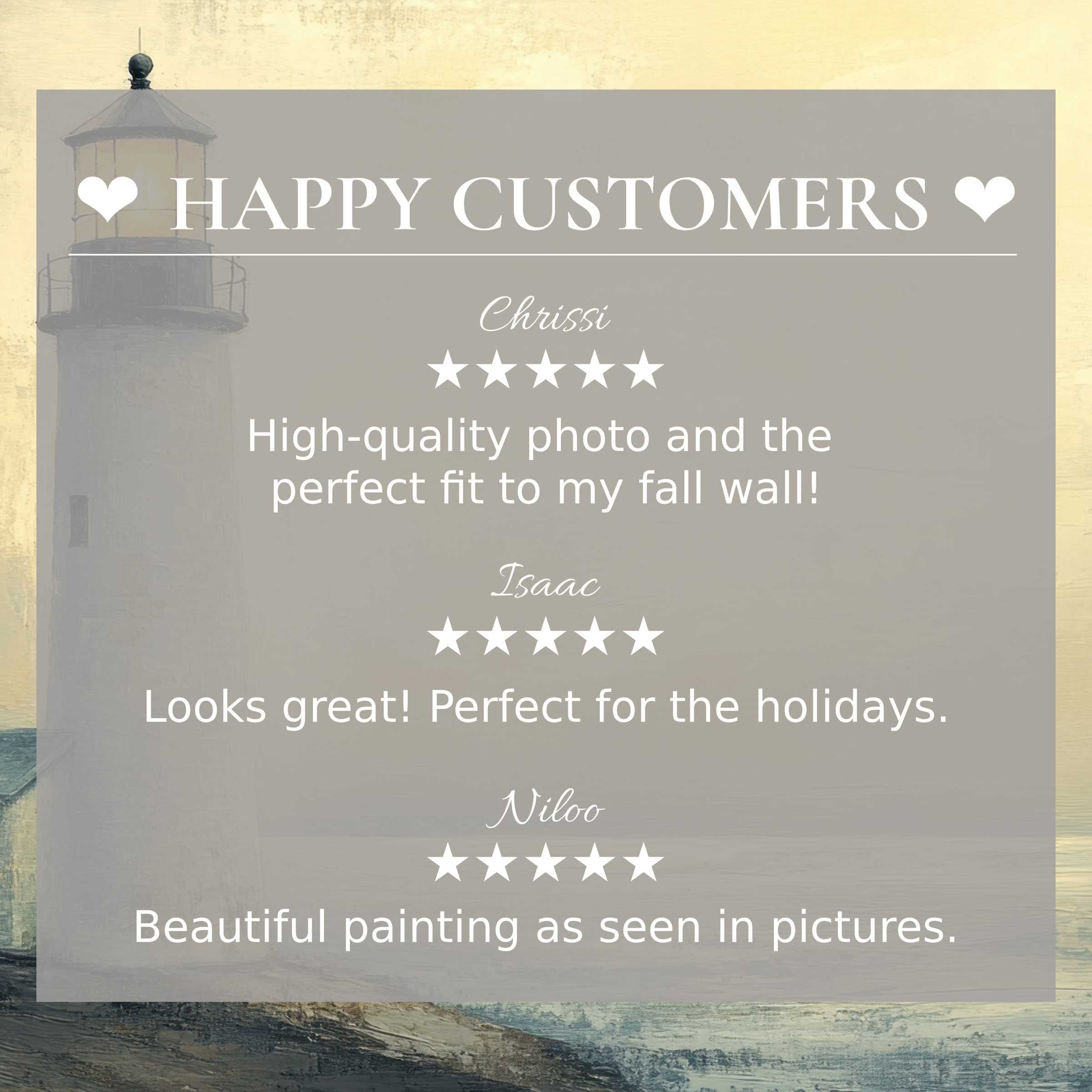 Coastal art for Frame TV with abstract sunset lighthouse background and happy customer reviews building trust and elegance