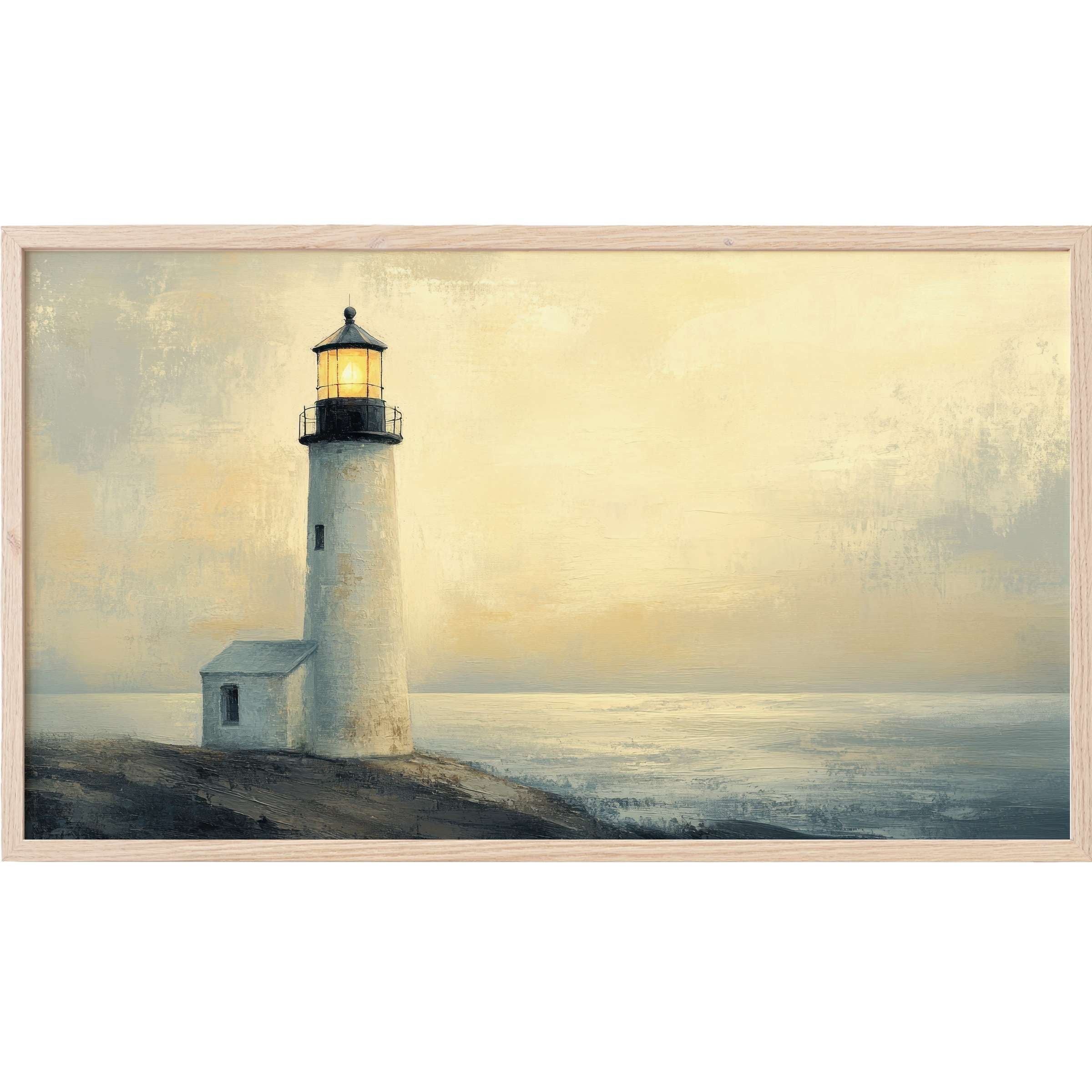 Serene coastal Frame TV Art with muted blues, grays, and warm light from a classic lighthouse at dusk