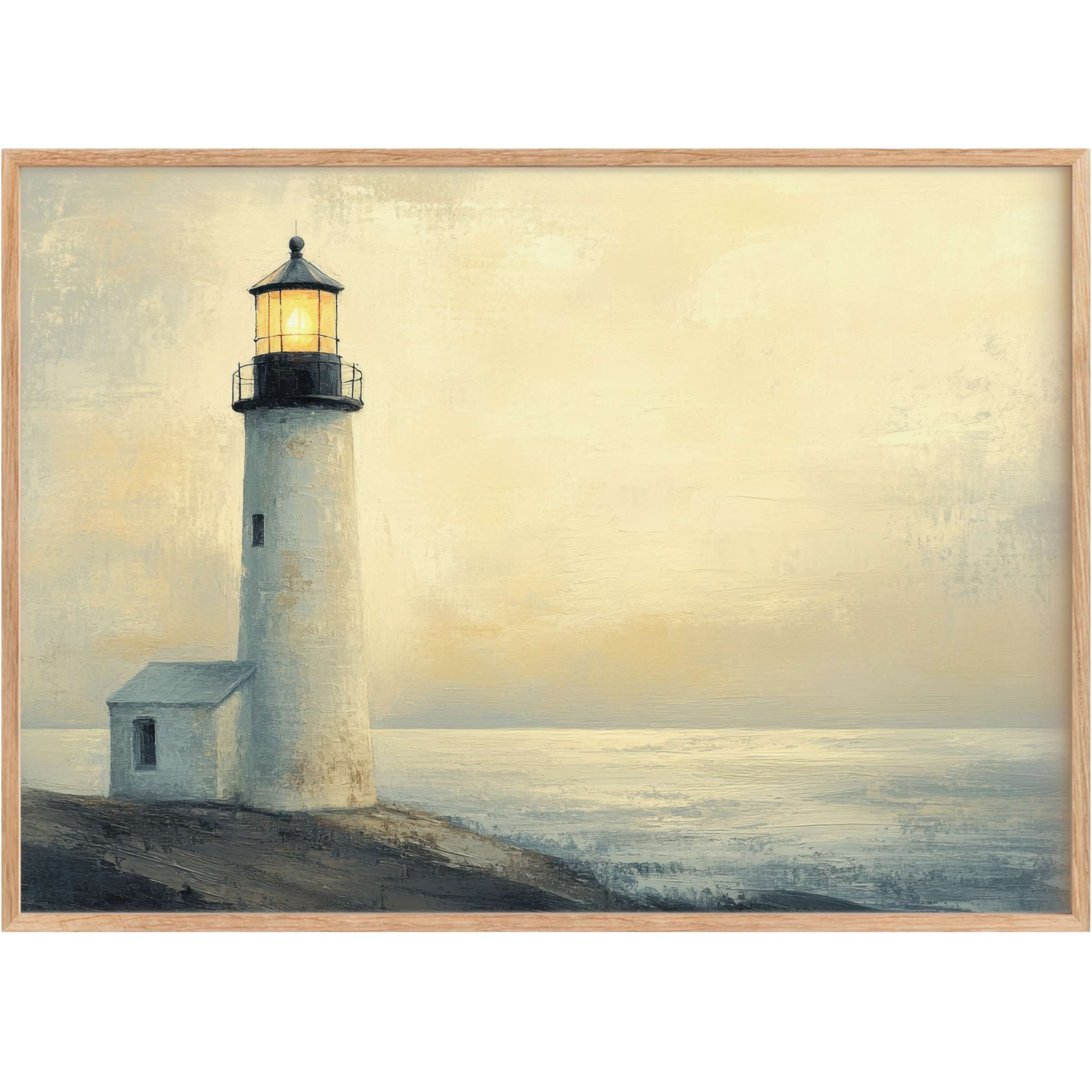 Coastal printable wall art capturing a serene lighthouse bathed in soft gold and muted blues, evoking calm and timeless elegance
