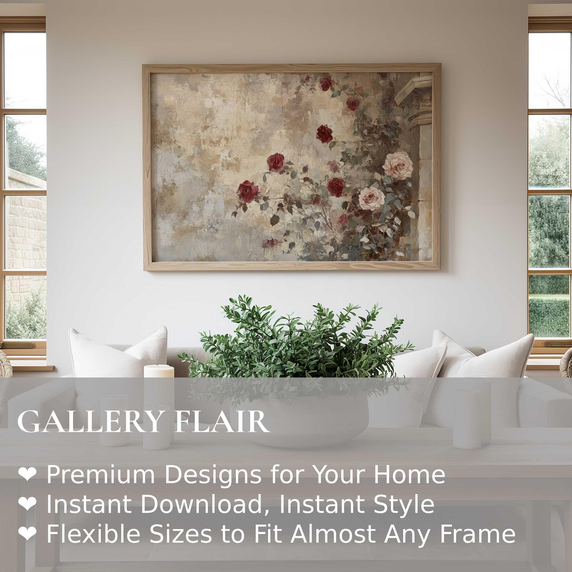 Vintage wall art print featuring a soft, romantic rose motif with muted tones, enhancing serene modern farmhouse interiors