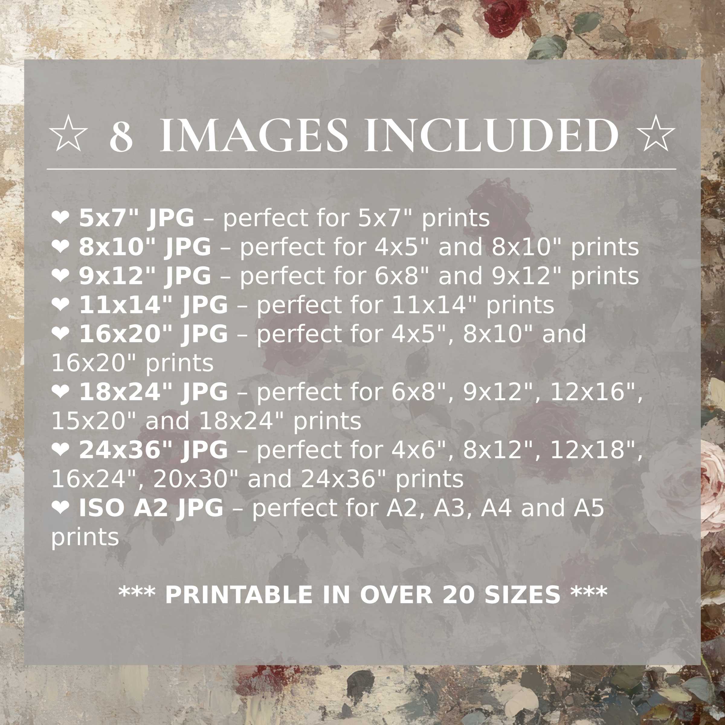 Vintage digital print radiates timeless charm with soft rose, cream, and sage hues; includes 8 premium sizes to elevate modern interiors