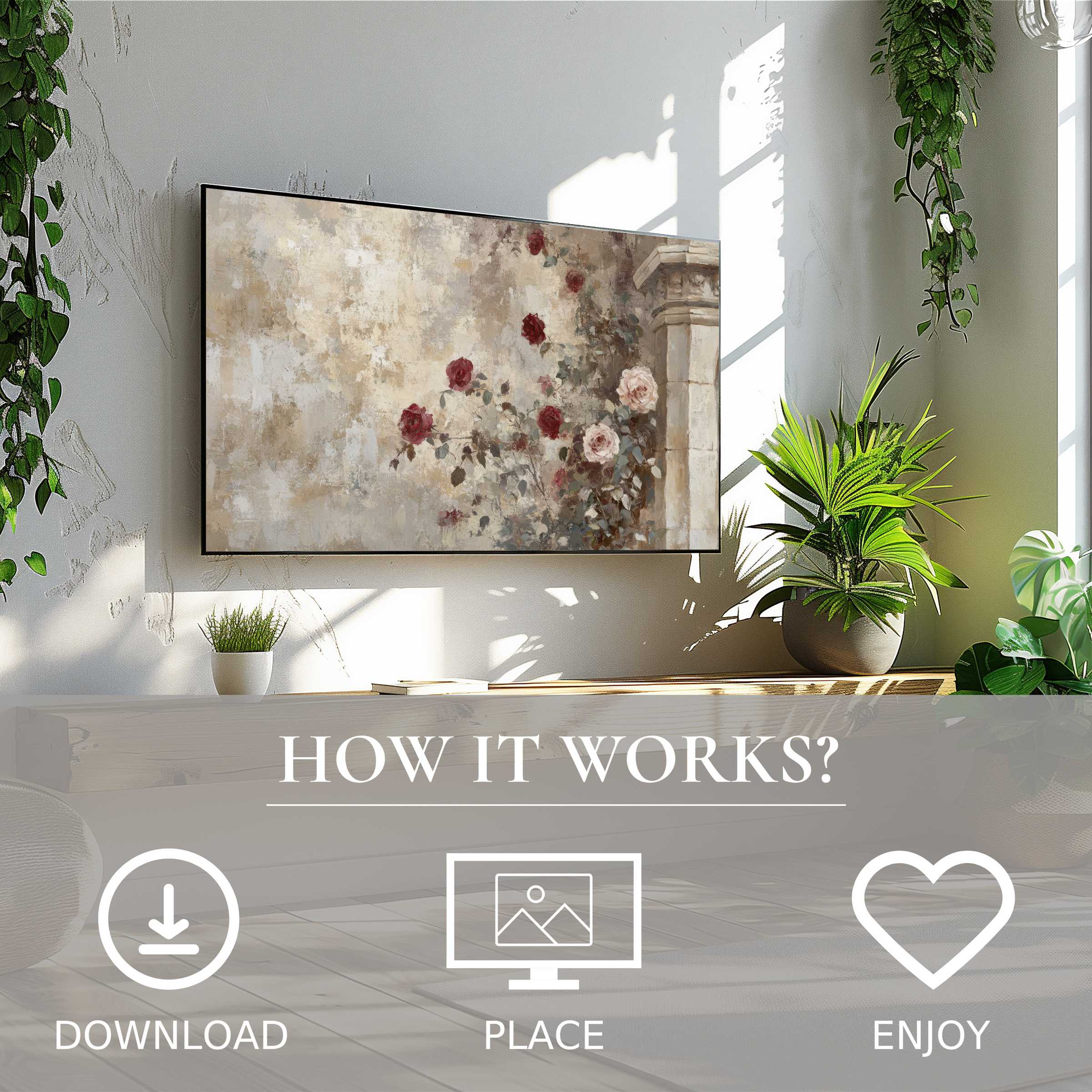 Vintage art for Samsung TV shows soft roses in muted tones, easy digital download enriching modern living spaces