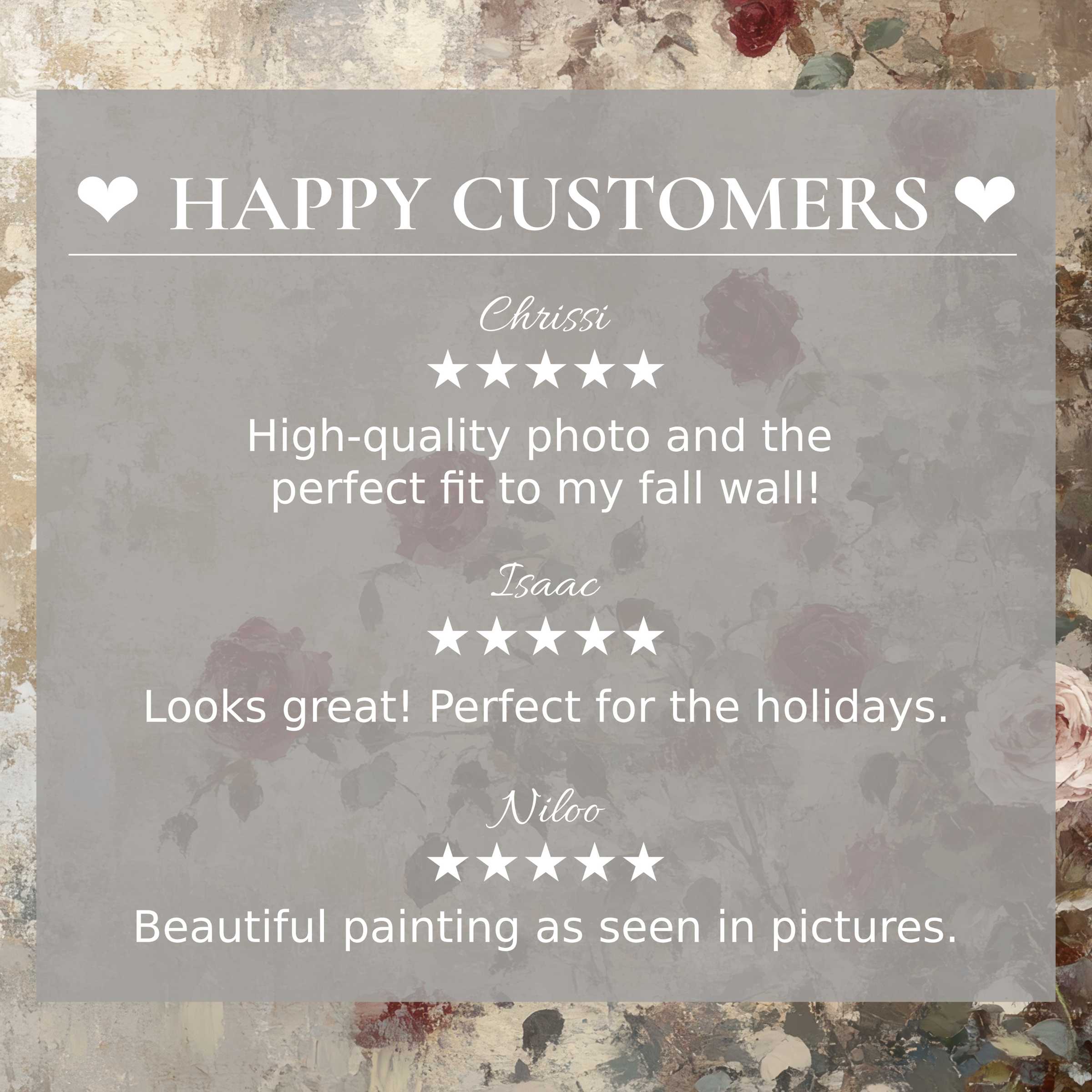 Vintage art for Frame TV with floral background, highlighting happy customer reviews and refined, trustworthy design