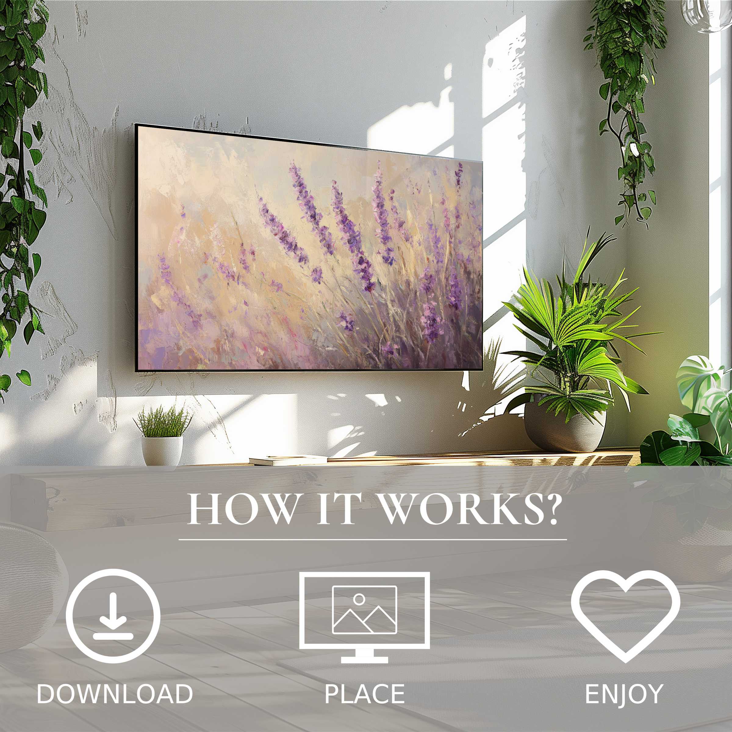 Bright living room with spring art for Samsung TV showing soft lavender tones; easy digital download enhances space