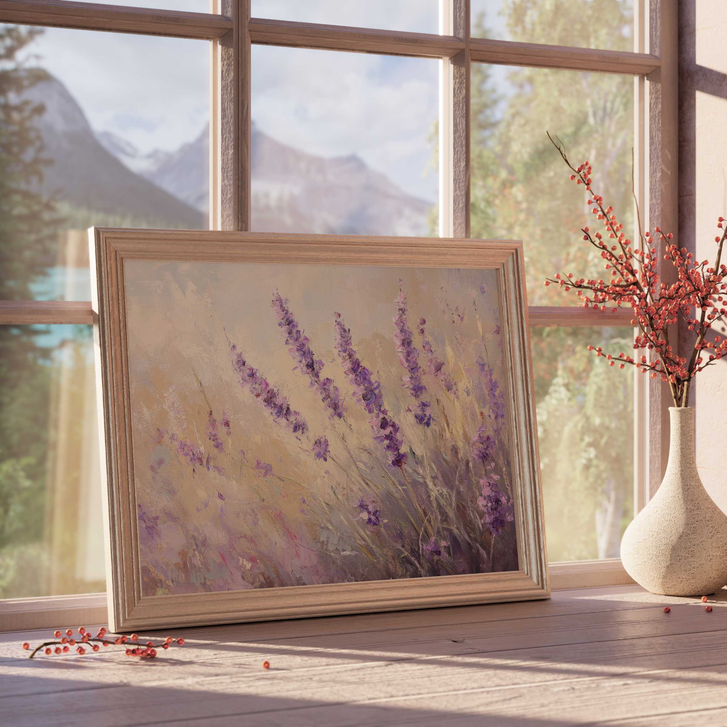 Elegant spring downloadable art with delicate lavender blooms, enhancing tranquil, sunlit interiors with serene, curated charm