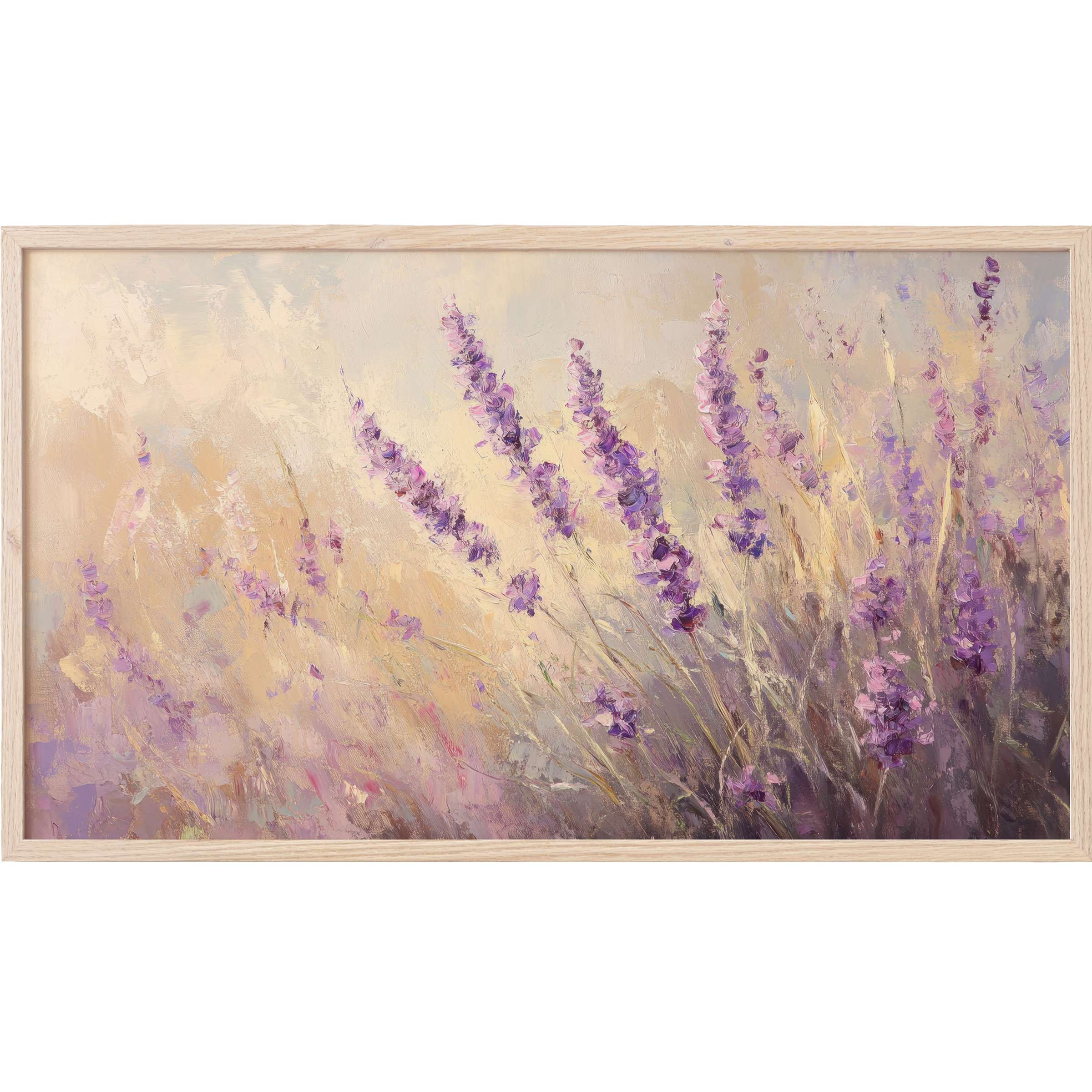 Spring Frame TV Art depicting textured lavender blooms in soft purples and beige, a serene modern floral impression