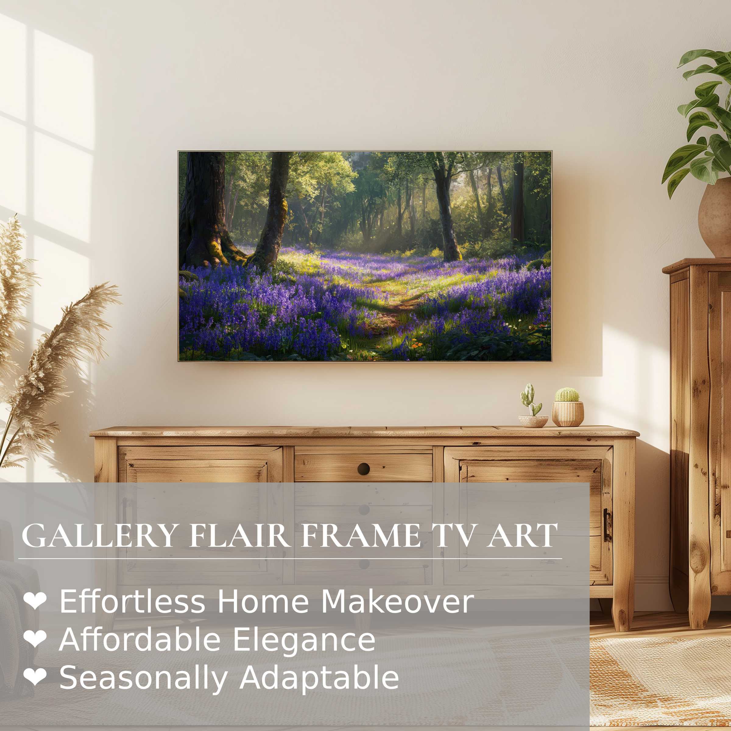 Modern interior with natural wood, Samsung Frame TV displaying serene floral digital artwork in a sunlit room