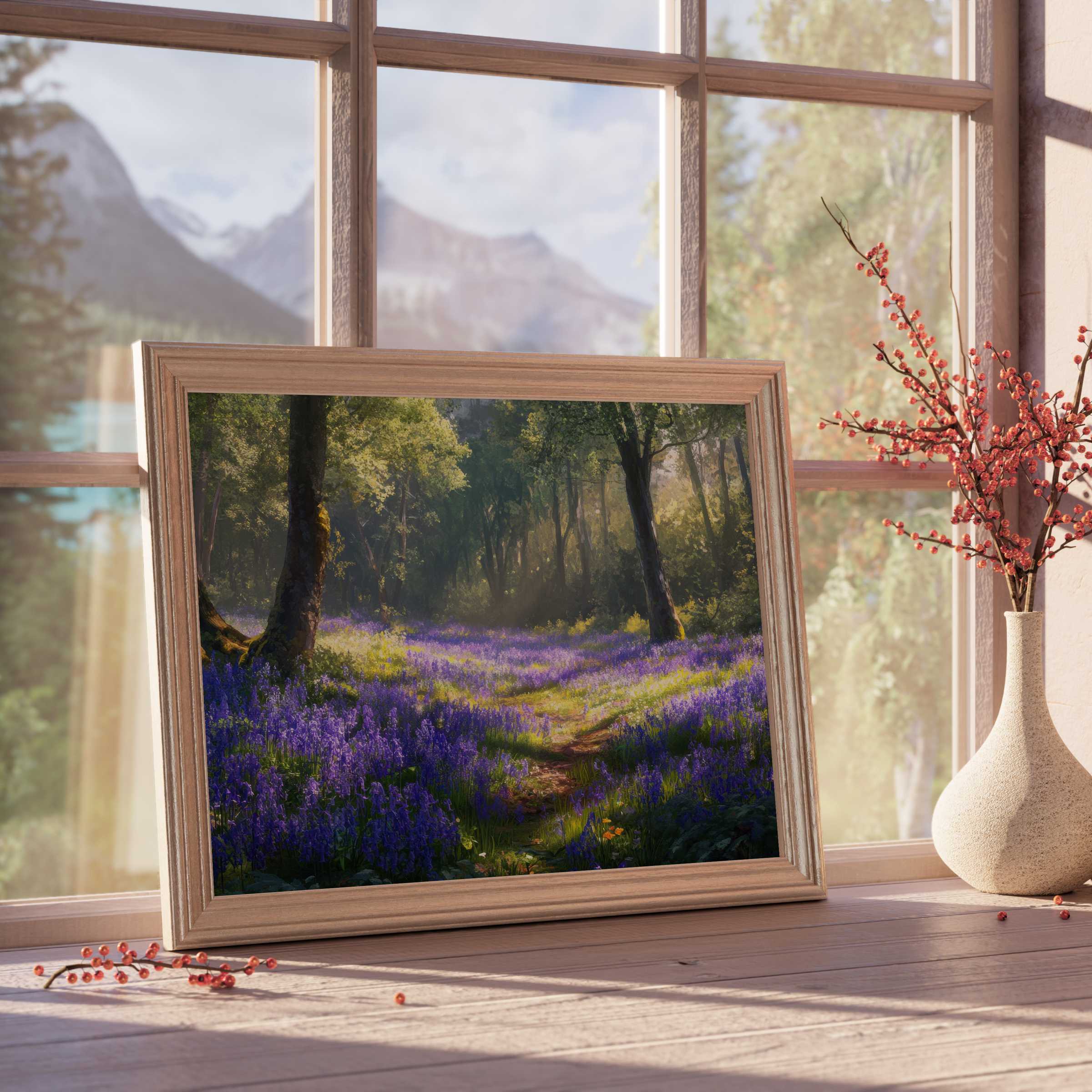 Floral downloadable art capturing a serene forest path blanketed with vibrant bluebells, inviting calm and timeless elegance