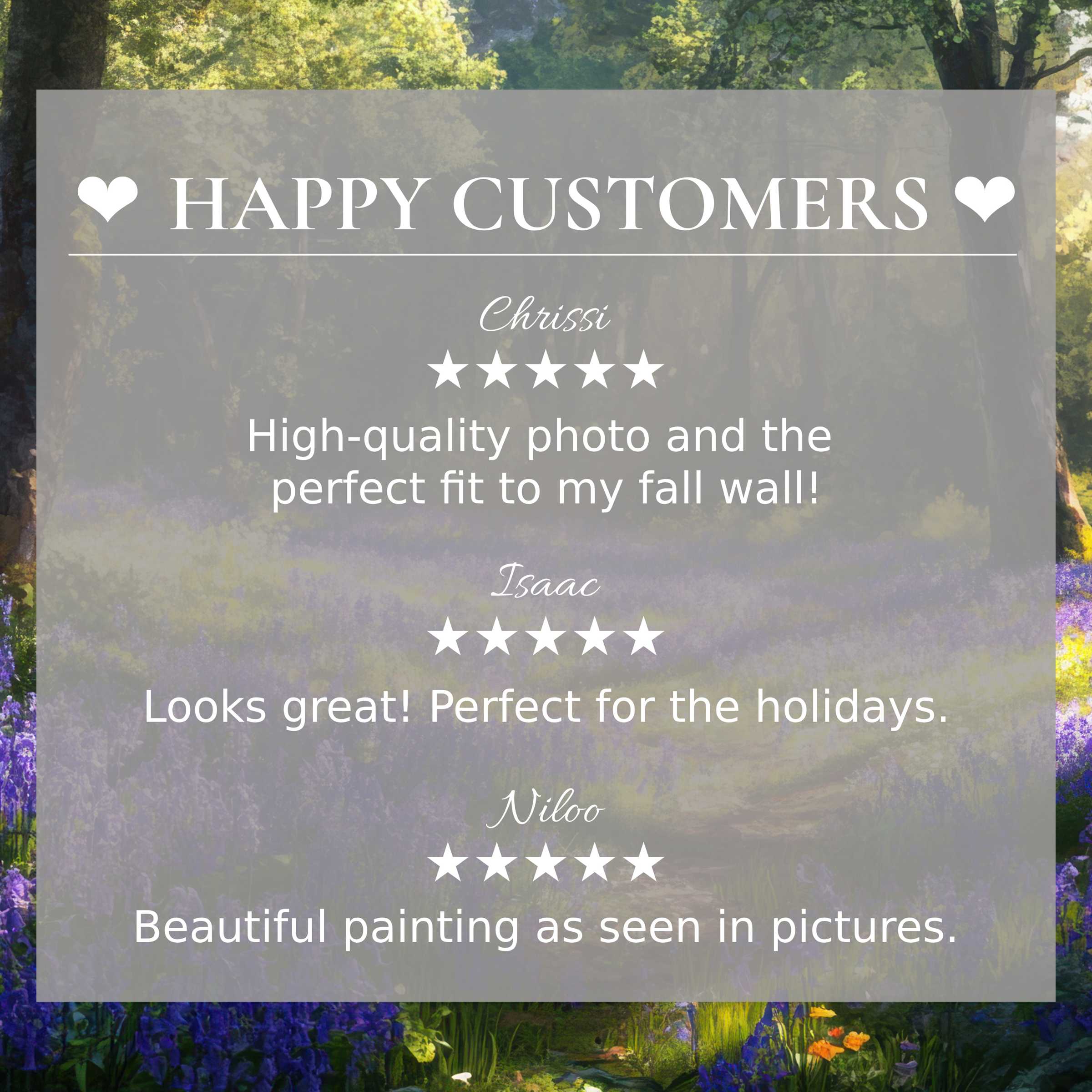 Elegant floral art for Frame TV with happy customer reviews over a serene forest scene with vibrant purple blooms