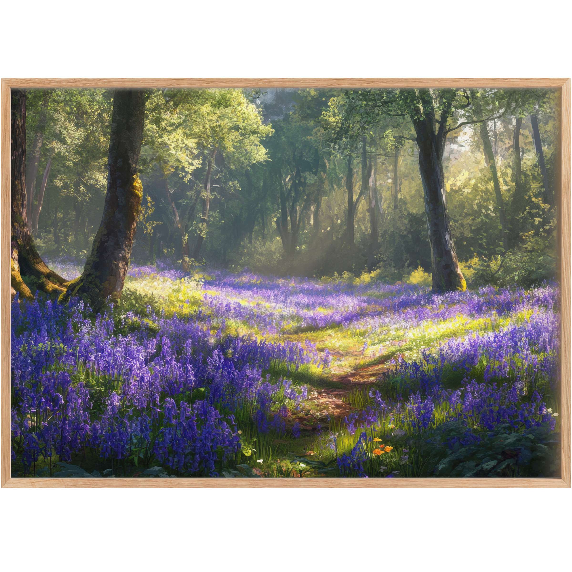 Radiant floral printable wall art capturing a serene forest path bathed in soft golden light and vibrant purple blooms