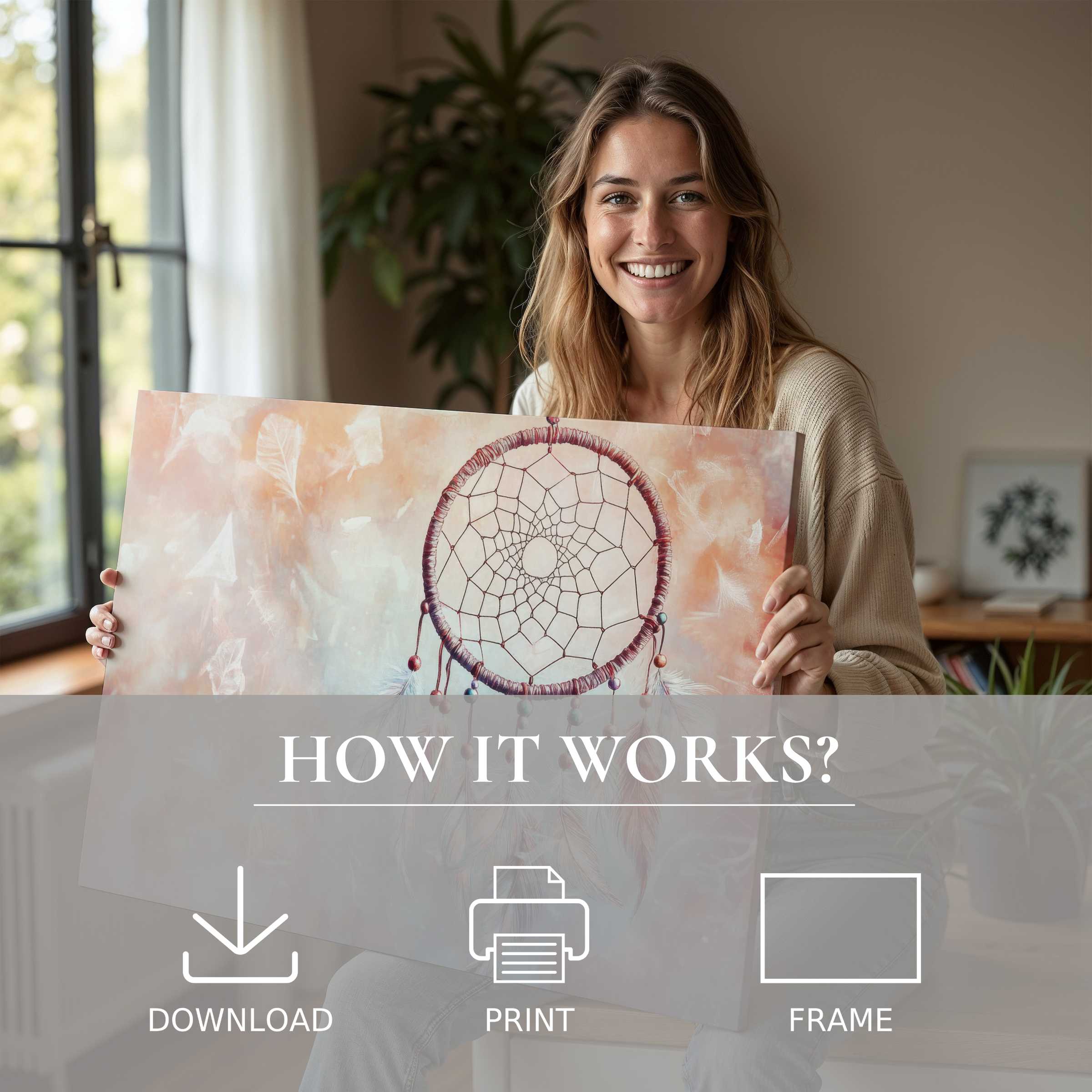 Joyful connection with boho digital art print radiates warmth and ease, transforming modern homes with serene beauty