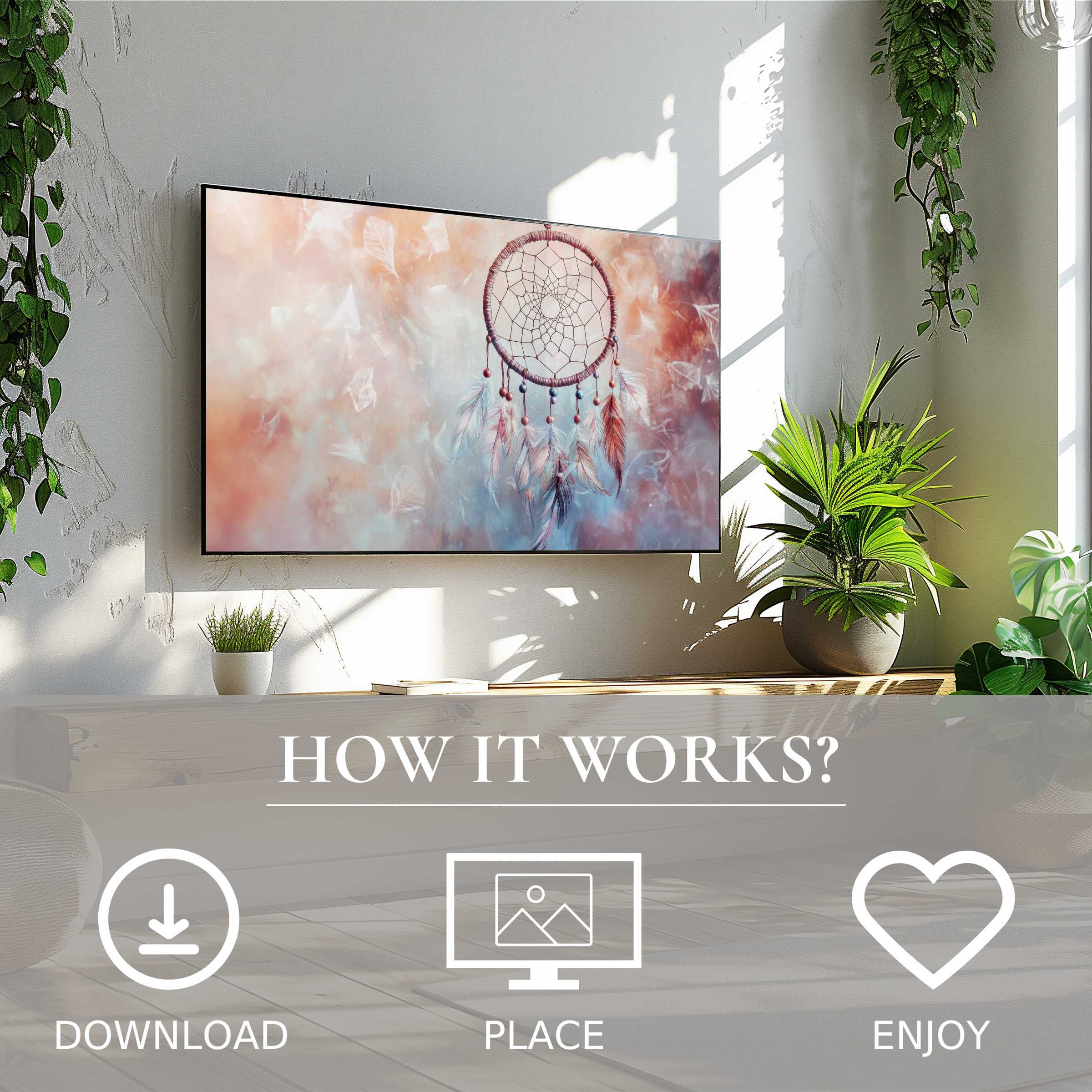 Boho art for Samsung TV: digital download with soft sunset tones and dreamcatcher motif enriches modern living spaces