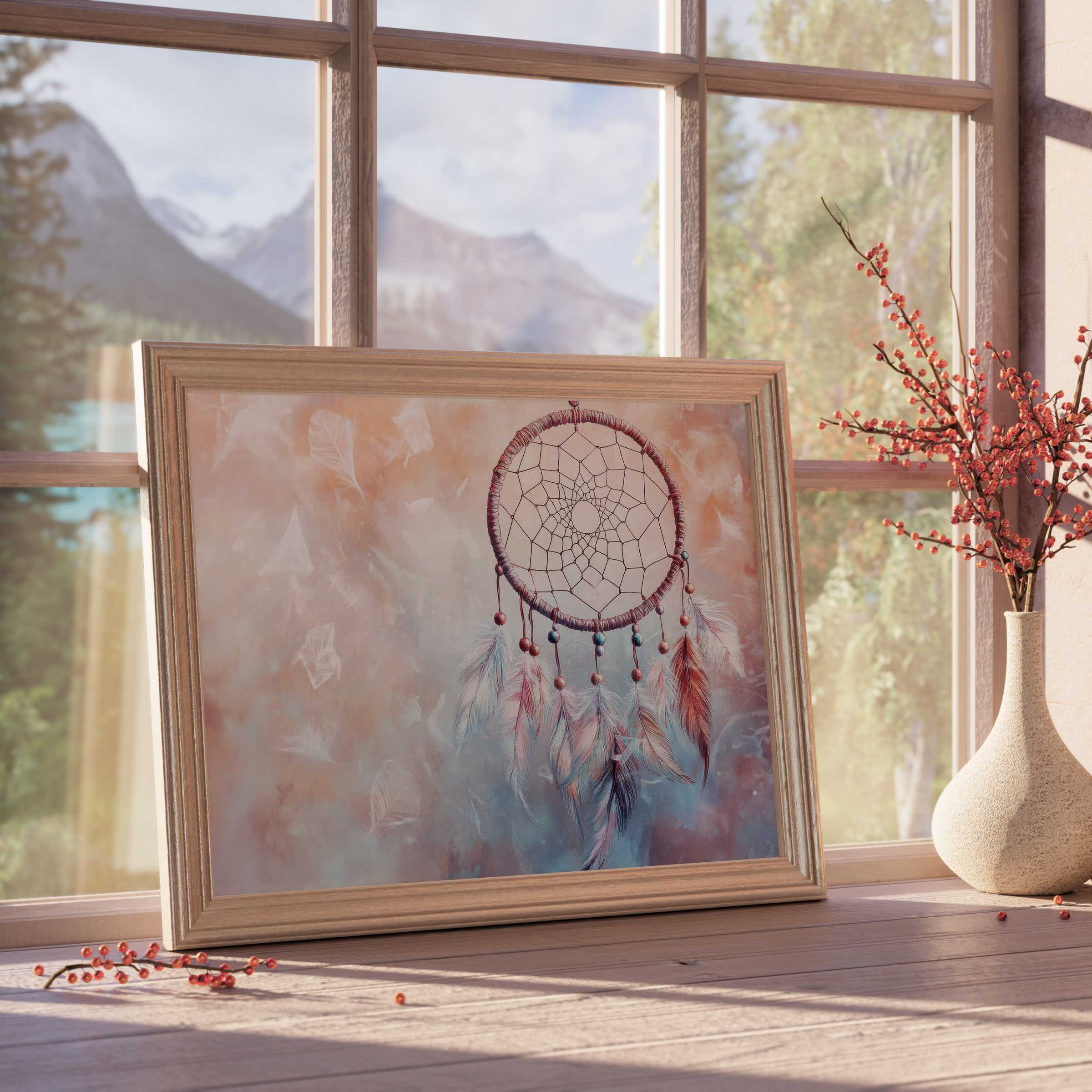 Boho downloadable art featuring a delicate dreamcatcher framed in warm tones, perfect for serene, curated interiors
