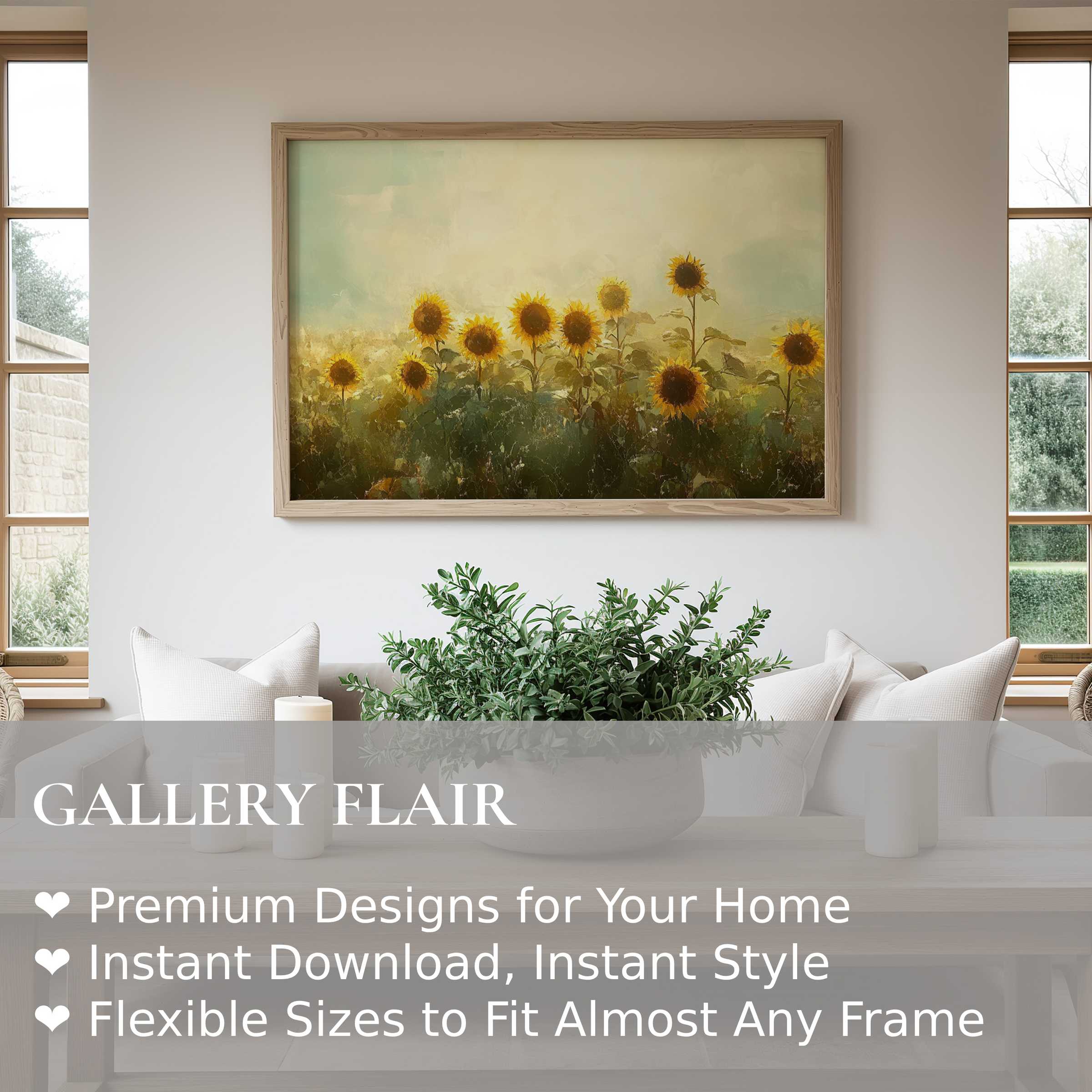 Summer wall art print featuring radiant sunflowers in soft, calming light, enhancing a modern, minimalist living room with natural warmth and serene elegance