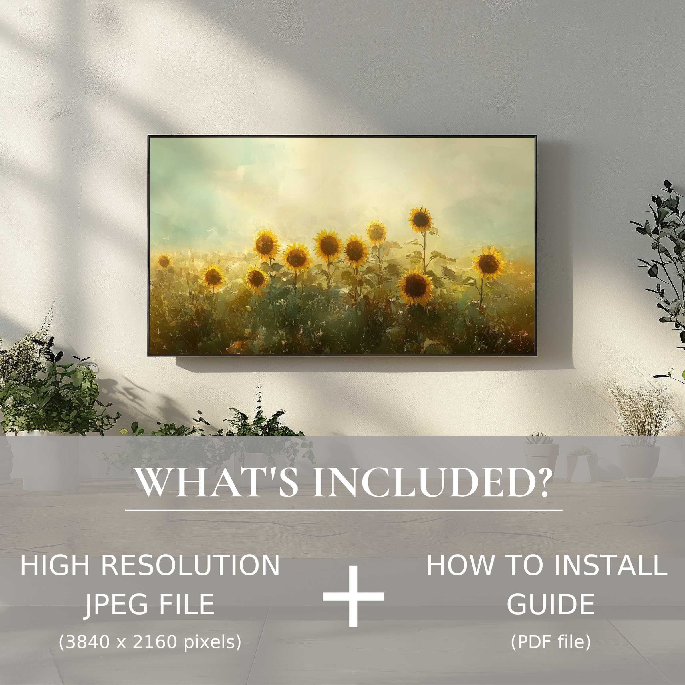 Elegant, modern summer digital TV art download of sunflowers adds warmth and style with easy digital use for refined living spaces