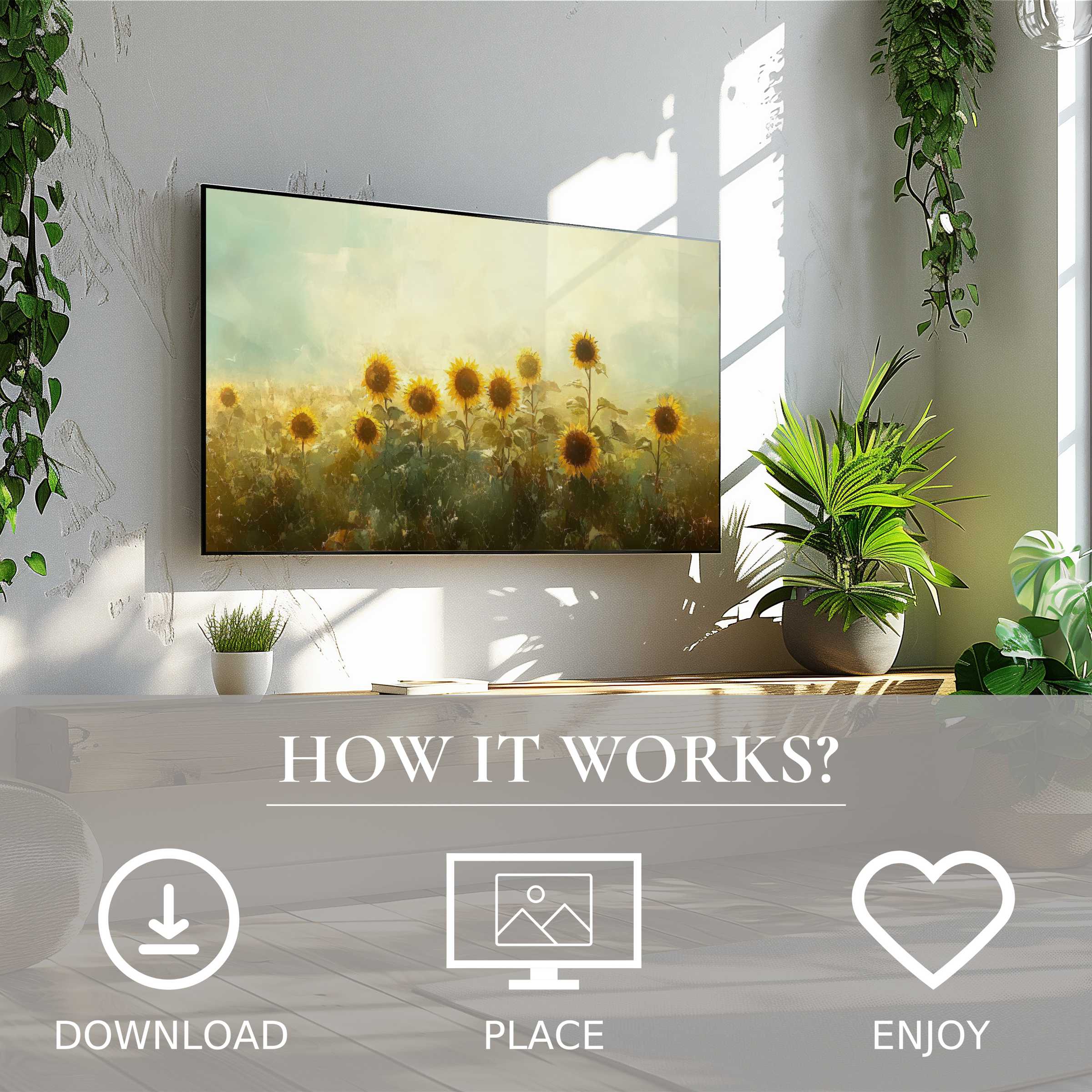 Modern living space with summer art for Samsung TV showing soft sunset tones of sunflowers; easy digital download enriches decor
