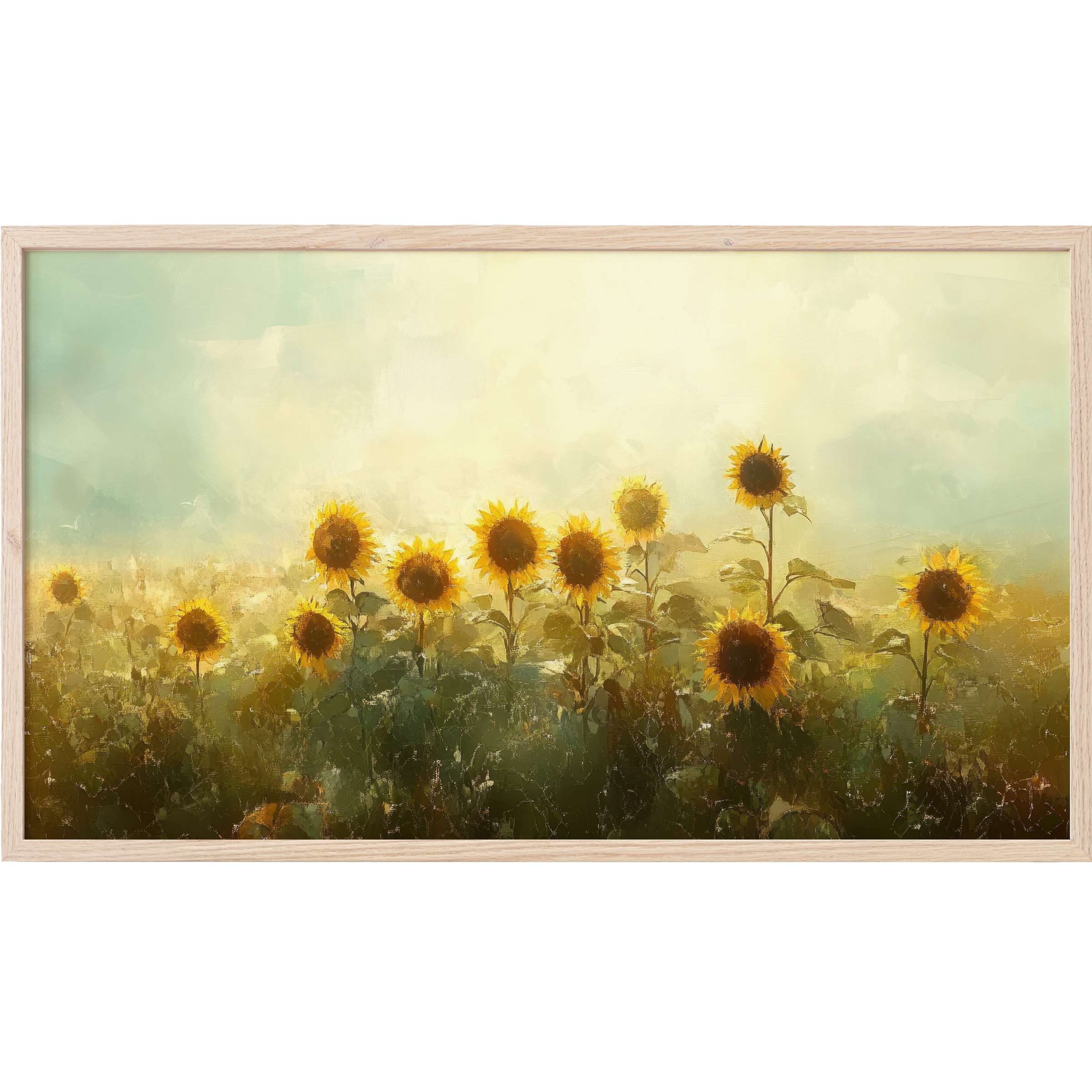 Sunlit sunflowers in soft greens and yellows evoke warmth and calm in this elegant summer Frame TV Art piece