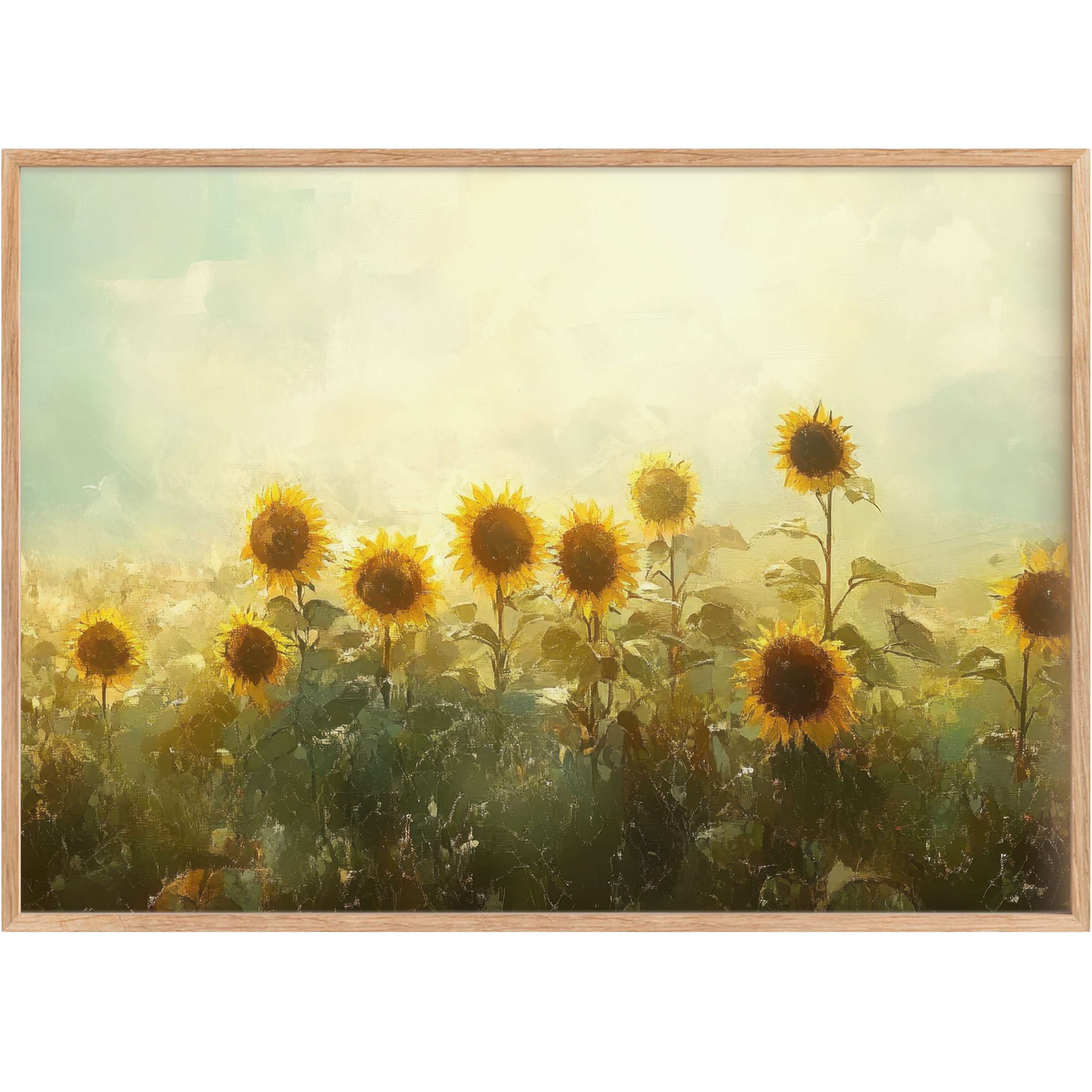 Radiant summer printable wall art featuring golden sunflowers bathed in soft sunlight, evoking warmth and serene elegance