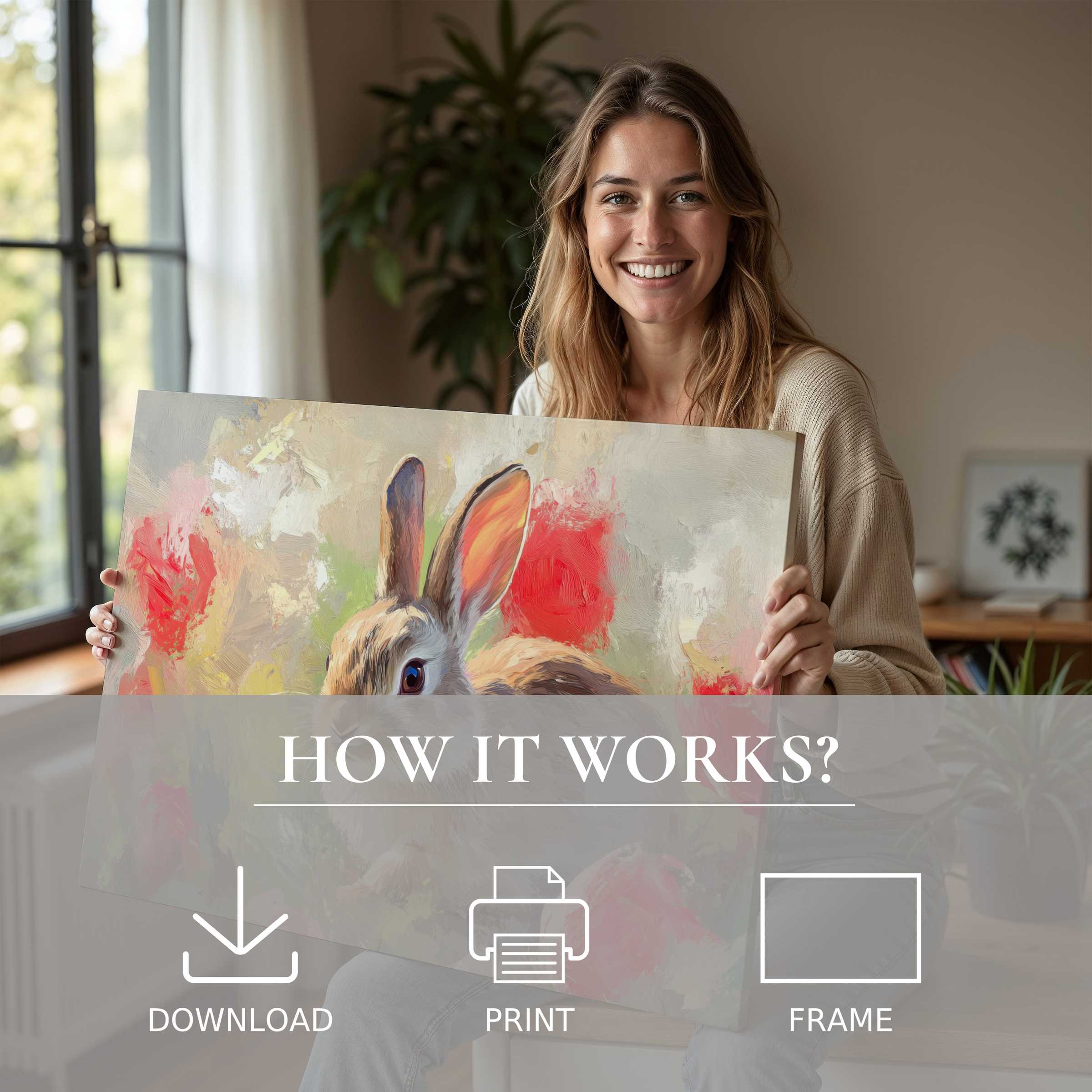 Radiant joy infuses this serene moment as a woman embraces an easter digital art print, elevating her modern home with effortless beauty