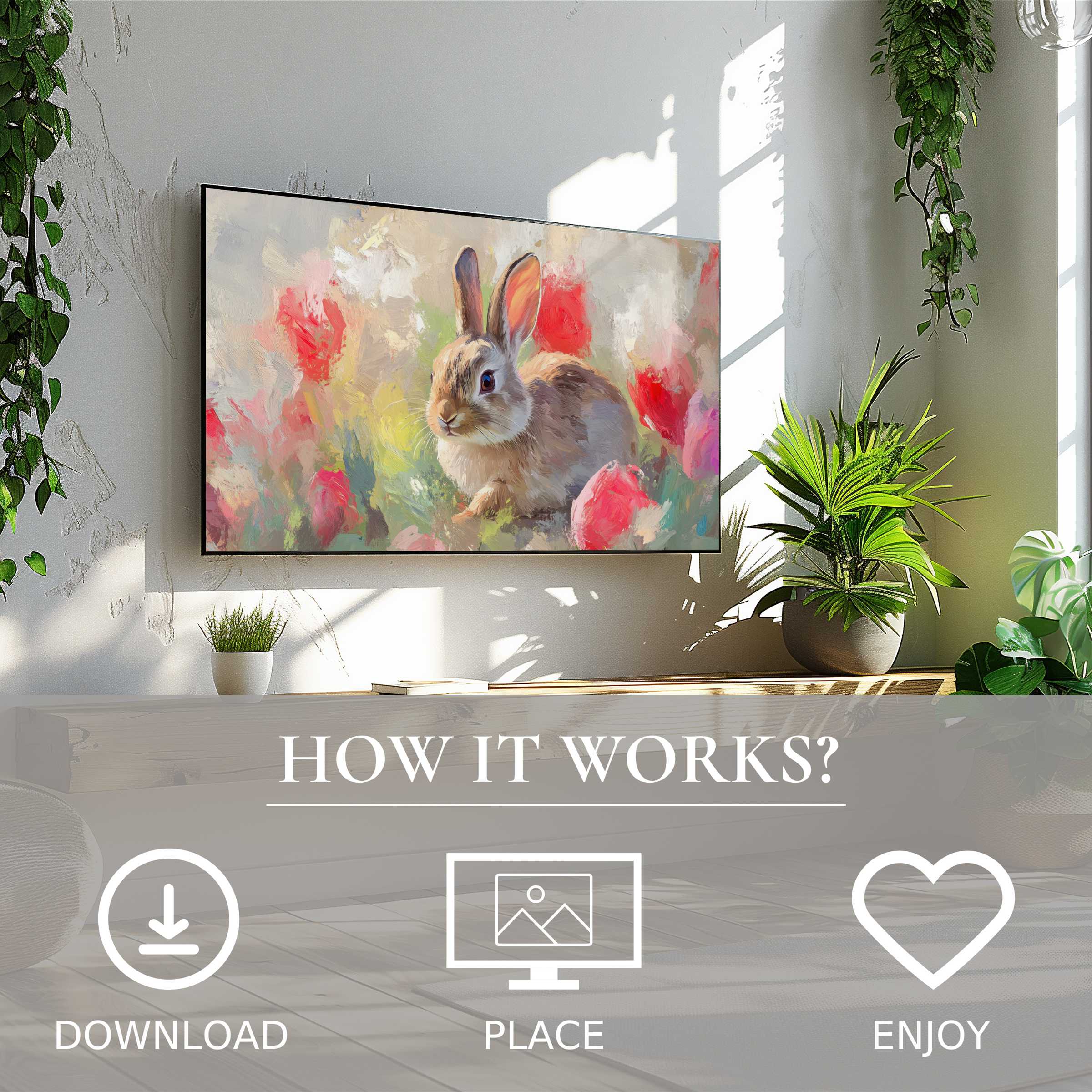 Modern living room with easter art for Samsung TV, soft spring tones on rabbit motif, easy digital download